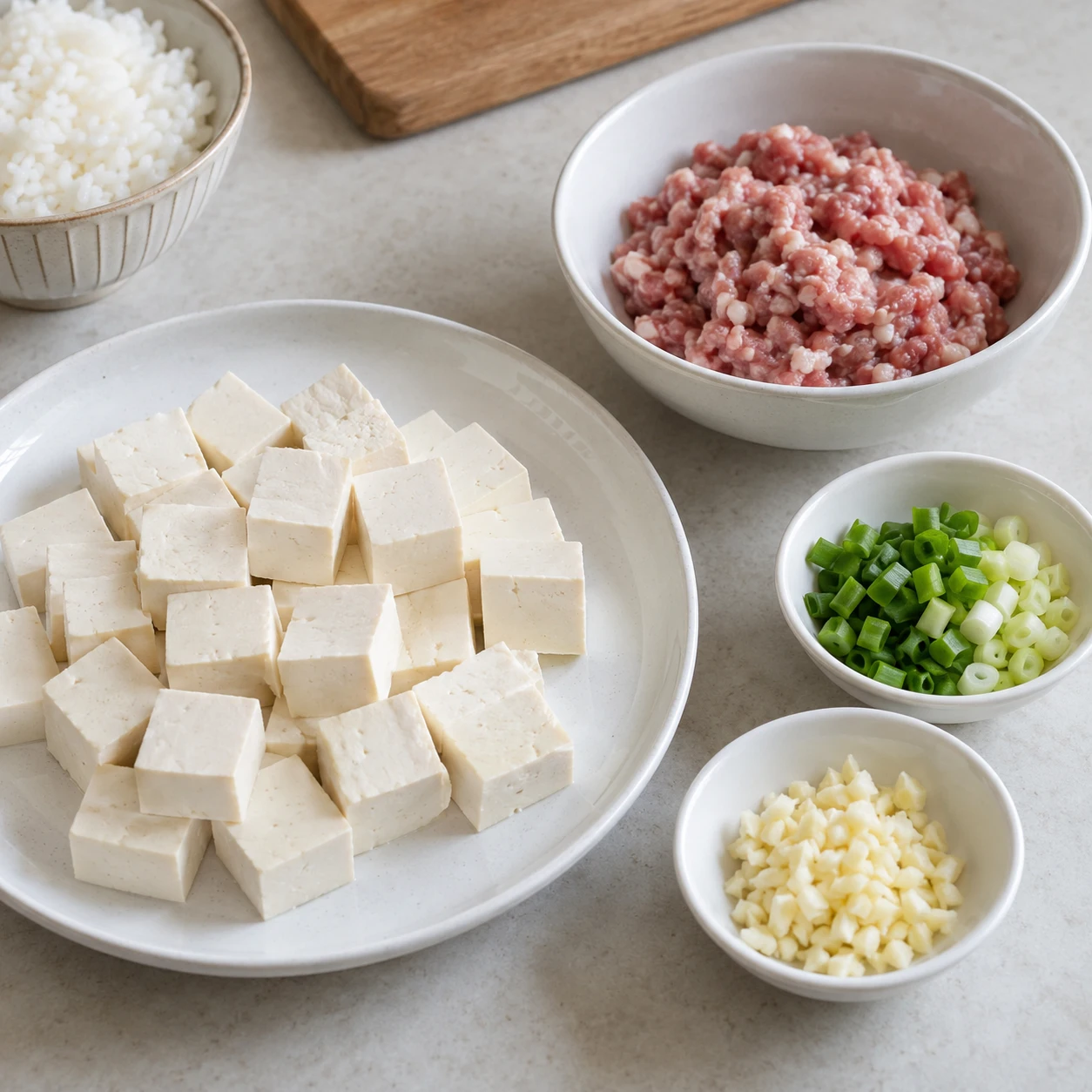 手順 1: 豆腐は水気を切り、2cm幅程度に切ります。ニンニクをみじん切りにし、ネギをみじん切りにします。炊き上がったご飯は別に温めてください。生の豚ひき肉 とその調理器具は豆腐や米とは別に保管してください。