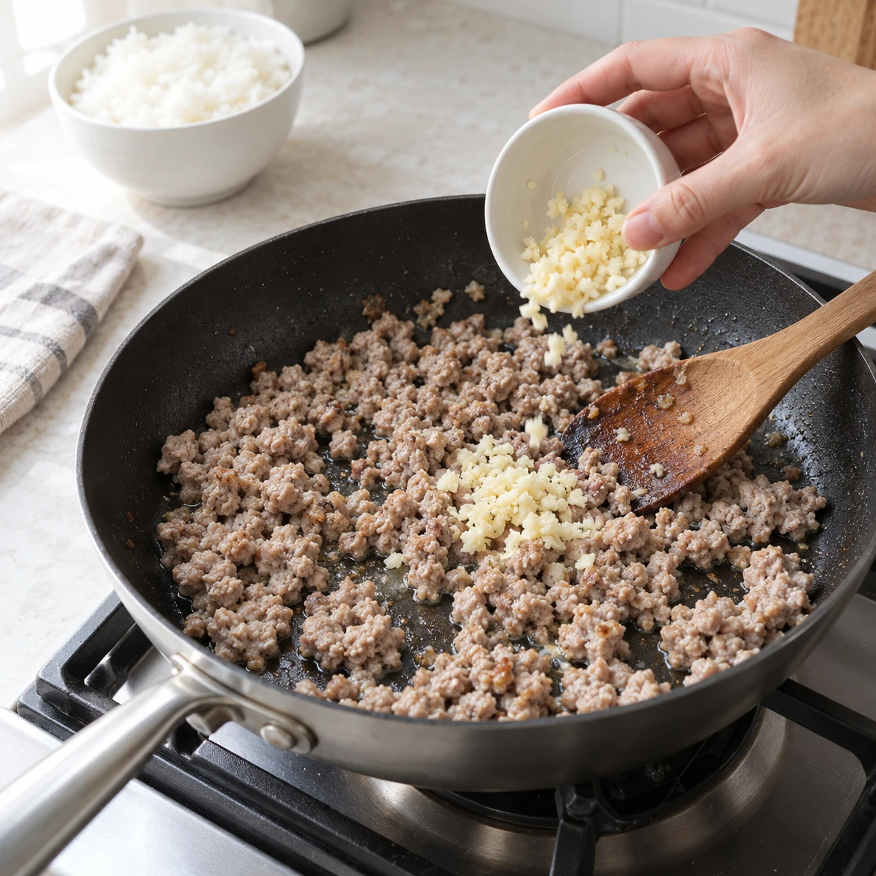 手順 3: フライパンに油を入れて中火で温めます。 豚ひき肉を加えて細かく砕きます。生のピンク色が残らなくなるまで4〜5分間調理し、ニンニクを加えて20秒間かき混ぜます。 豚ひき肉 は 71°C に達する必要があります。