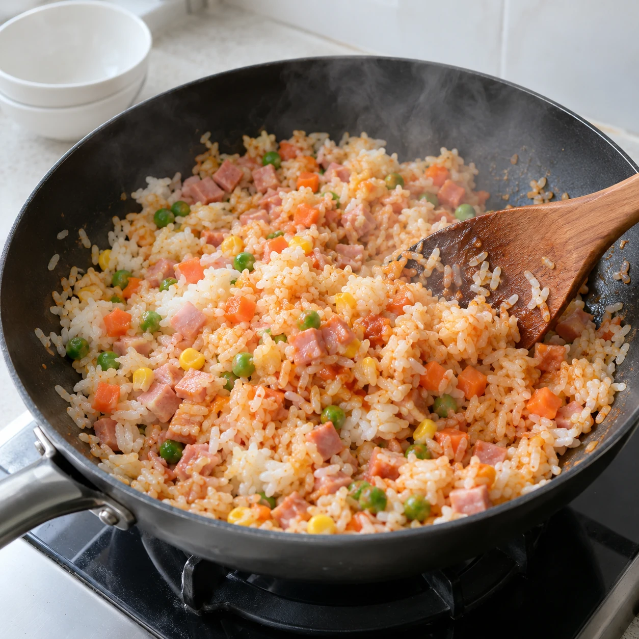 الخطوة 3: أضف الأرز المطبوخ وفتت الكتل. أضيفي الكاتشب 2 ملعقة طعام ممسوحة وصلصة الصويا الاختيارية. يُقلى المزيج لمدة 2-3 دقائق حتى يصبح الأرز ساخنًا طوال الوقت. تقسم إلى قسمين وتبقى ساخنة أثناء طهي البيض.