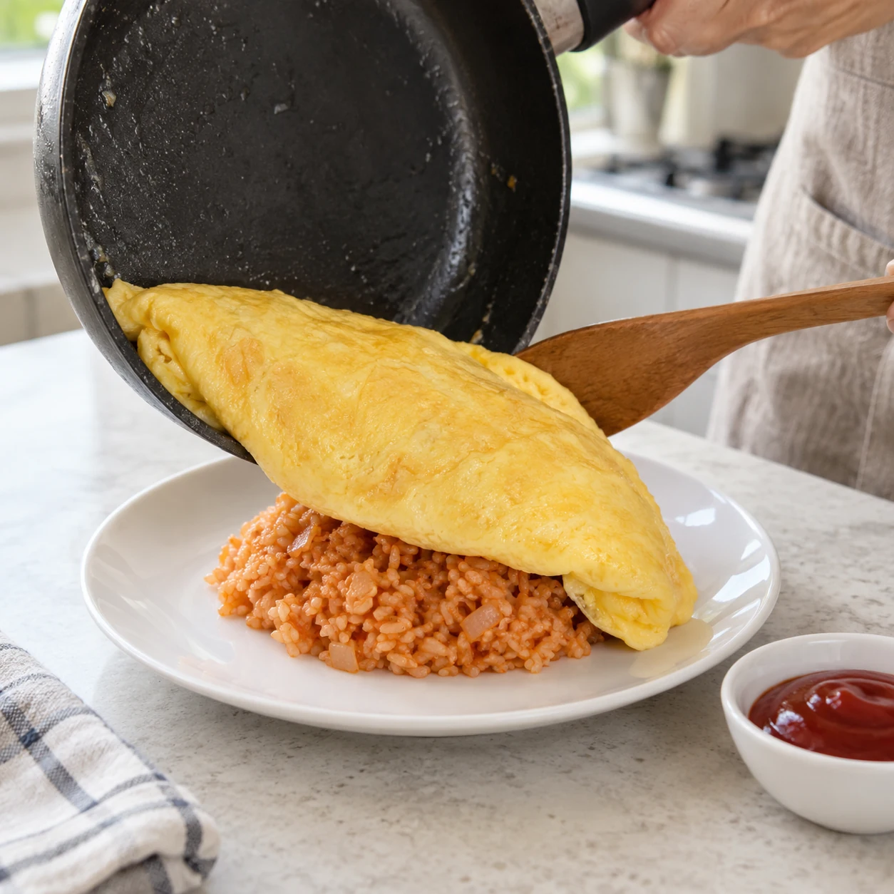 الخطوة 6: انزلق على طبق. كرر ذلك مع الزيت المتبقي والبيض والأرز للوجبة الثانية. شارك الكاتشب المحجوز بين القمم. يُقدم على الفور، مع ترك أجزاء الأطفال تبرد. إذا كان الطي صعبًا، فما عليك سوى وضع العجة المطبوخة بالكامل فوق الأرز.
