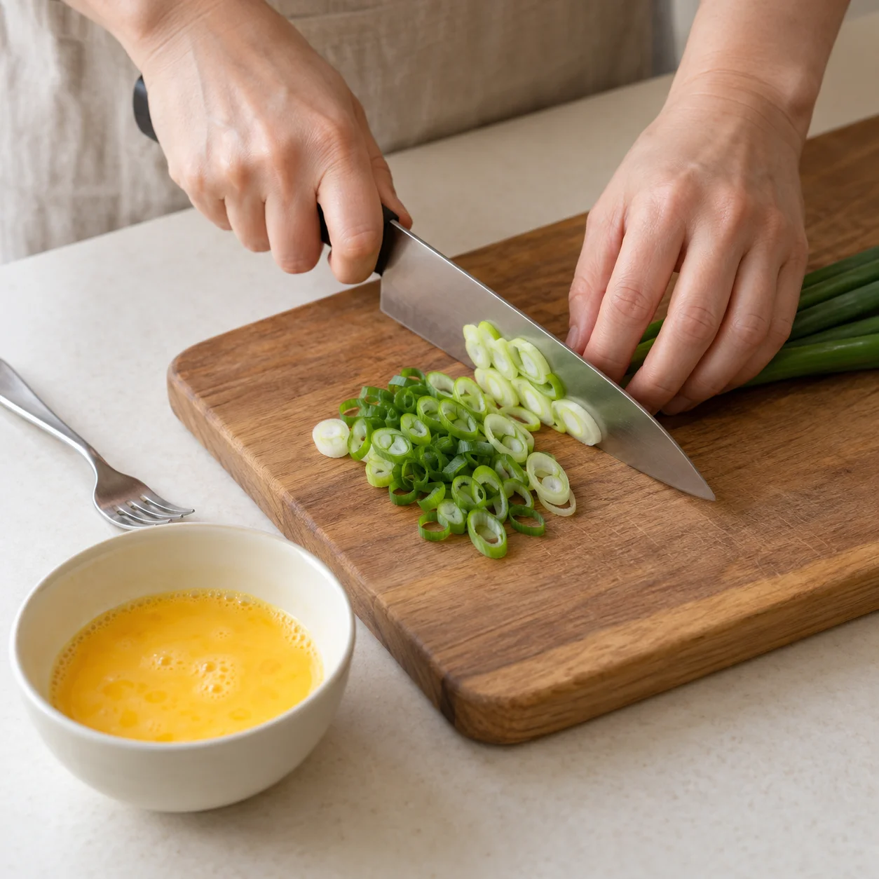 Étape 1: Lisez d'abord le sachet de nouilles pour soupe. L'exemple utilise un sachet de 120 g de type Shin, 550 ml d'eau et une cuisson des nouilles de 4 minutes 30 secondes. Si votre sachet diffère, suivez ses quantités et sa durée. Émincez 20 g d'oignon nouveau, battez un œuf dans une tasse et préparez le bol de service.