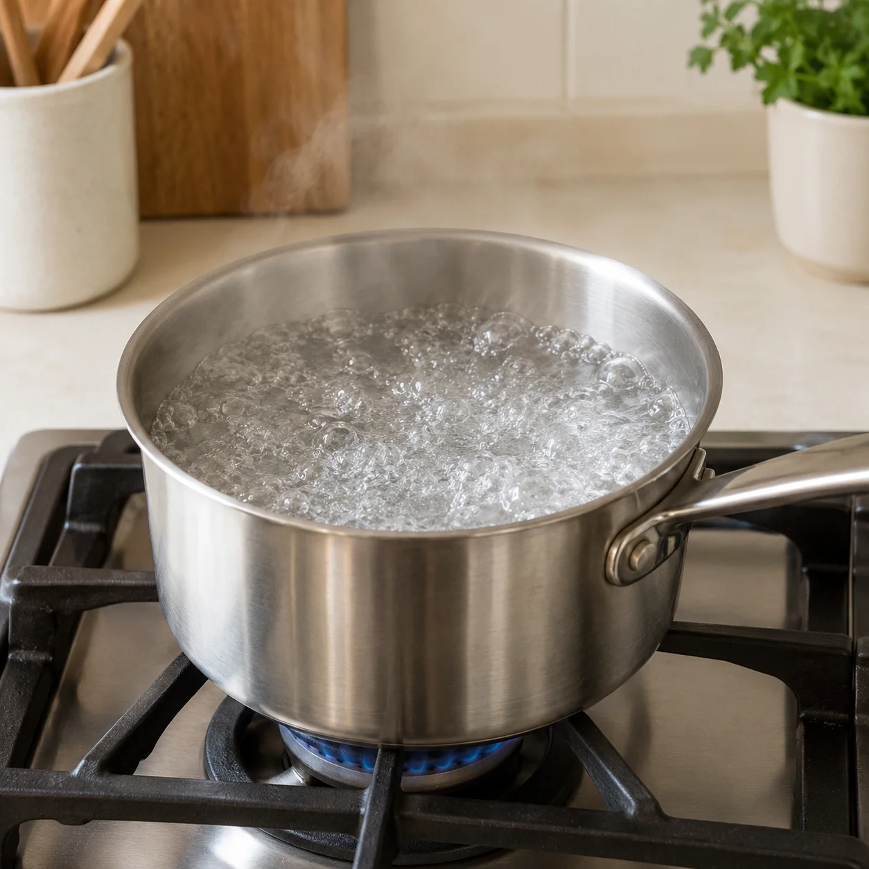 Étape 2: Mesurez l'eau dans une petite casserole de 1,5–2 litres en laissant de la place au-dessus. Portez à franche ébullition sur feu vif avant de mettre les nouilles. Trop d'eau dilue le bouillon, tandis qu'une évaporation excessive le rend salé : mesurez dès le départ.
