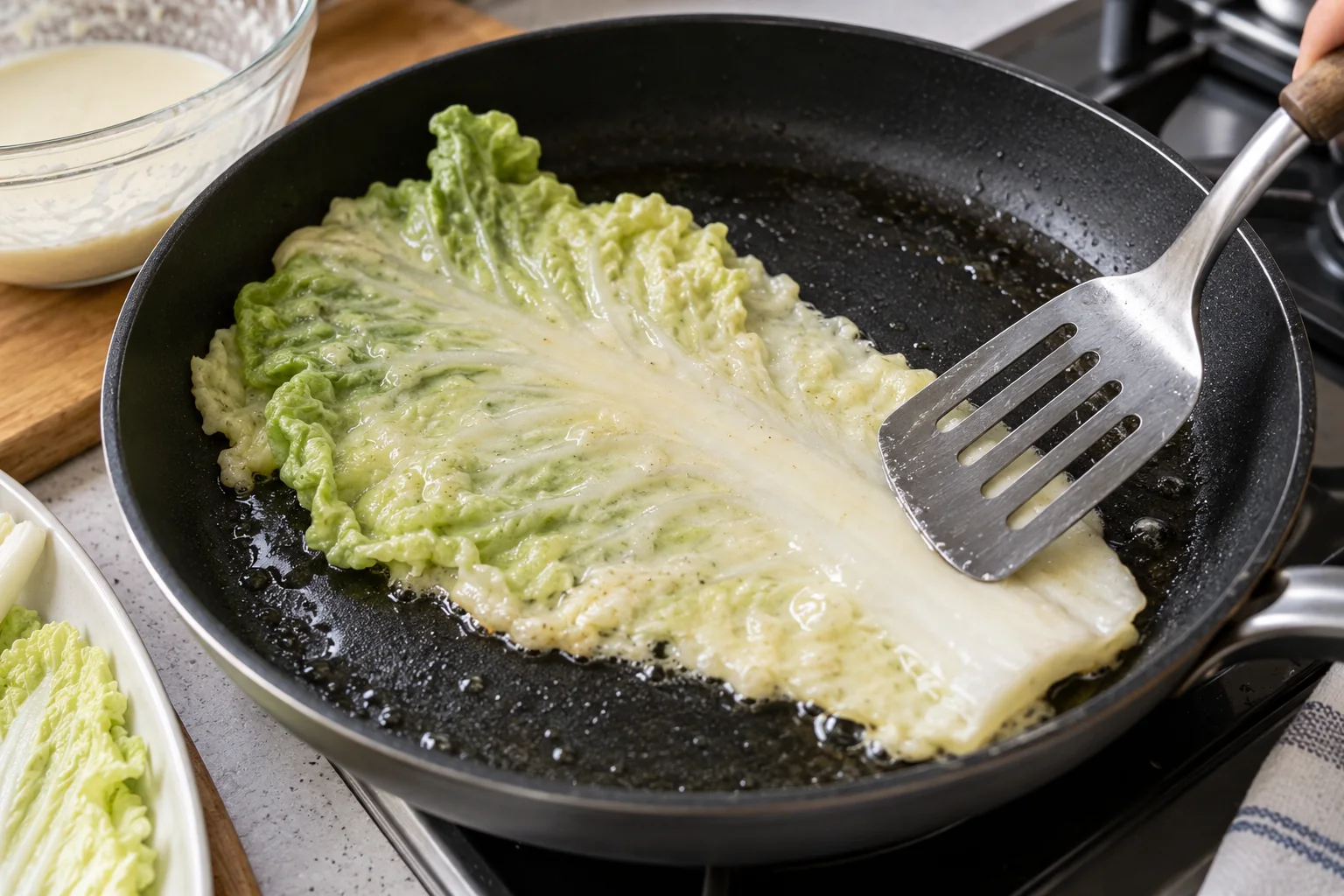 ขั้นตอน 4: อุ่นน้ำมัน 1 ช้อนโต๊ะในกระทะ nonstick ขนาดใหญ่บนไฟร้อนปานกลาง จุ่มใบกะหล่ำปลีหนึ่งใบลงในแป้ง ปล่อยให้หยดส่วนเกินออก แล้ววางลงในกระทะ กดซี่โครงหนาด้วยไม้พาย เพิ่มใบที่สองถ้ามันพอดีโดยไม่ทับซ้อนกัน