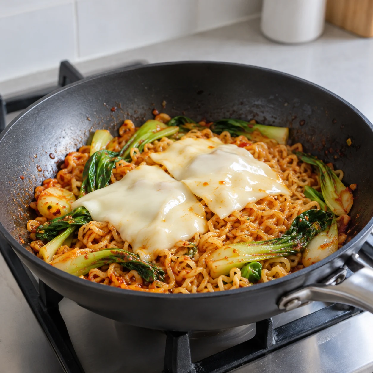 ขั้นตอน 5: เพิ่มบะหมี่ที่ปรุงสุกบางส่วนและน้ำบะหมี่ที่เหลือ ผัดด้วยไฟปานกลาง-อ่อนประมาณ 1-2 นาที จนเส้นบะหมี่นุ่มและเคลือบเต็มที่ ไม่ต้องว่ายน้ำ วางชีสสองแผ่นไว้ด้านบน ปิดฝาไว้ประมาณ 30–60 วินาที จากนั้นคนให้เข้ากันจนละลาย ลิ้มรสก่อนเติมซีอิ๊วเสริม