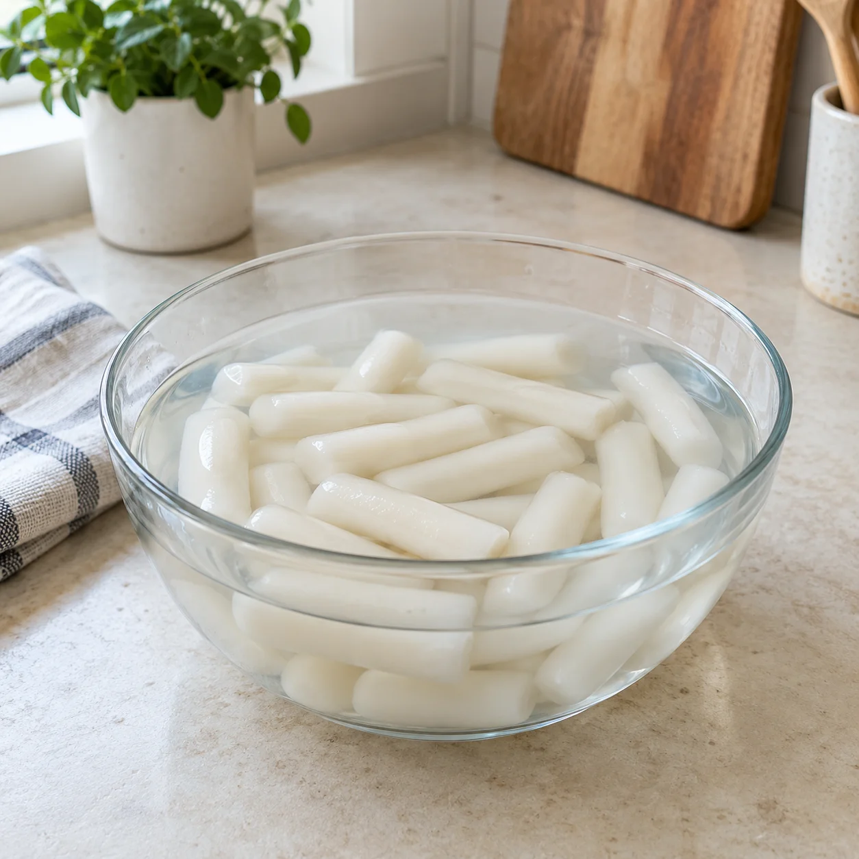 Paso 1: Separa 300 g de tortitas de arroz. Si están duras de la nevera, remoja en agua fría 10 minutos y escurre. Las frescas blandas no lo necesitan; para congeladas, sigue el paquete. Prepara verduras durante el remojo.
