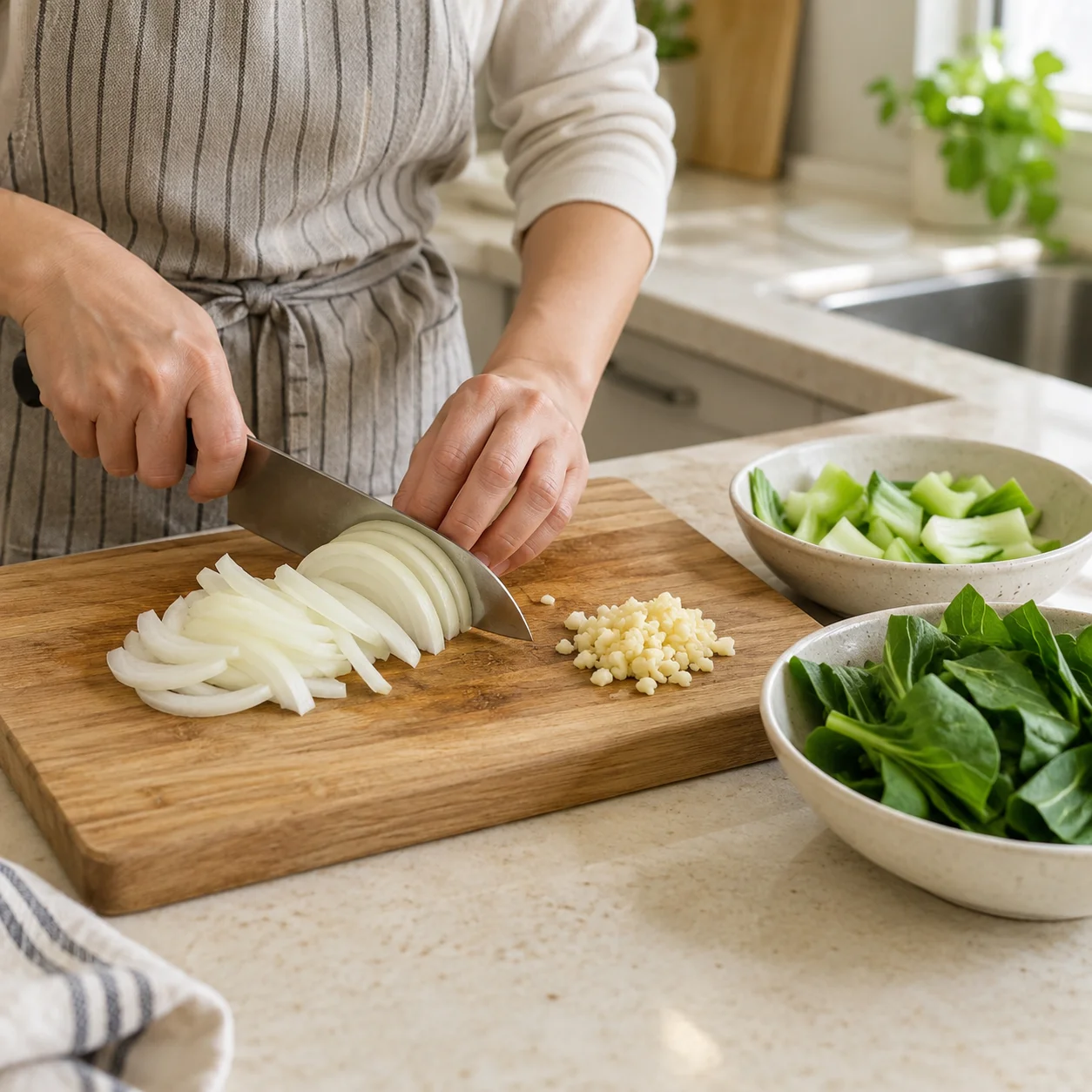 Paso 2: Lava bien 80 g de pak choi y recorta la base. Corta los tallos y separa las hojas. Corta finos 80 g de cebolla y pica 6 g de ajo. Mide leche, nata y salsas antes de calentar.
