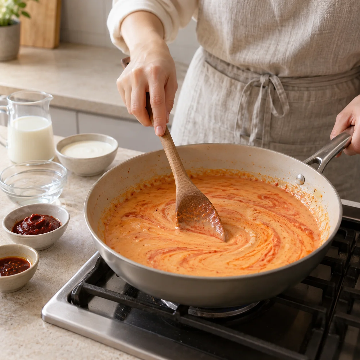 Paso 4: Añade 100 ml de agua, 15 g de gochujang, 8 g de azúcar y solo 5 g de salsa mala lista para usar al principio. Alisa y vierte 200 ml de leche y 100 ml de nata. Calienta a fuego medio-bajo hasta un color rosa anaranjado uniforme, sin hervor fuerte.