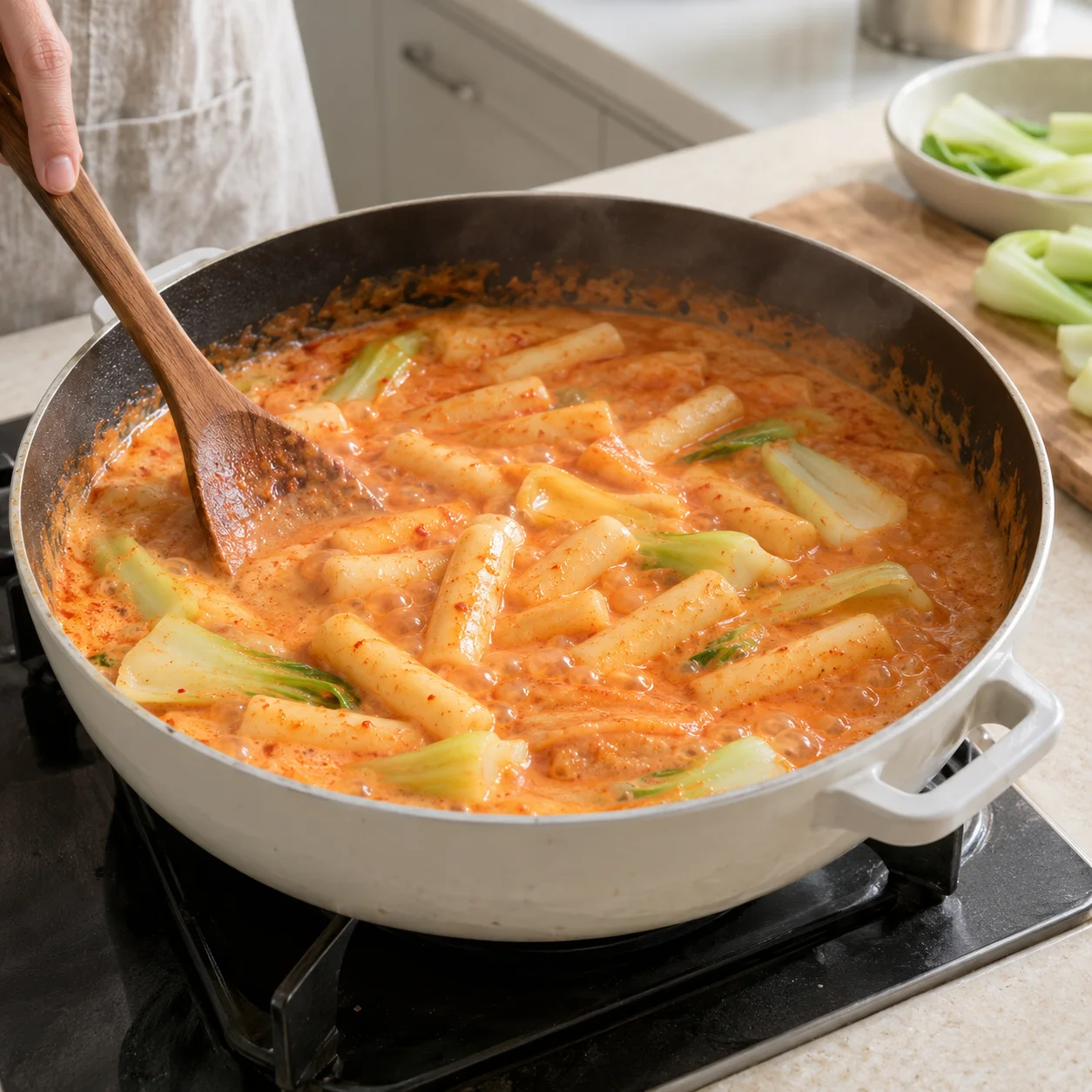 Paso 5: Añade las tortitas escurridas y cuece suavemente 8–10 minutos, removiendo a menudo para que no se peguen. Prueba una pieza enfriada para comprobar el centro tierno. Si espesa antes de ablandar, añade una pequeña cucharada de agua.