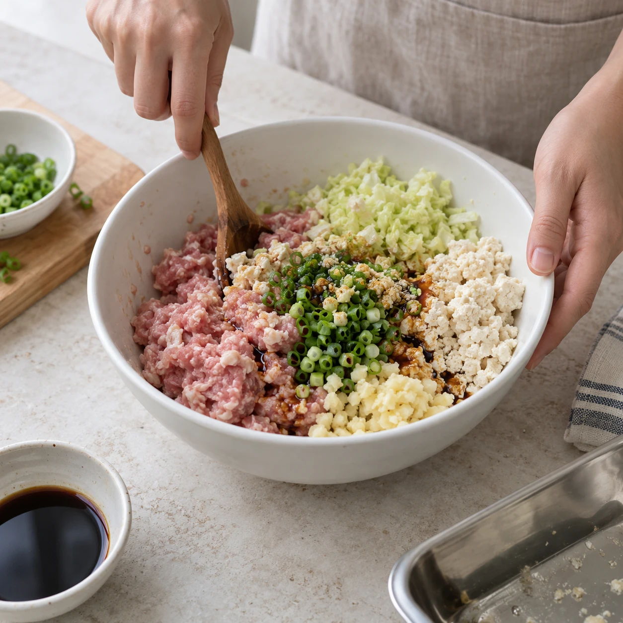 步骤 2: 混合猪肉末、碎豆腐、白菜、葱、蒜、1餐勺酱油、1茶匙芝麻油和胡椒。不要尝生馅，均分20份。