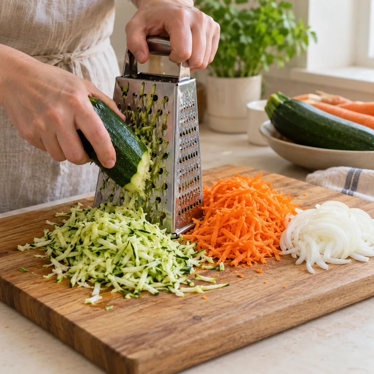 Paso 1: Lava las verduras y pela la zanahoria y la cebolla. Ralla 80 g de calabacín y 60 g de zanahoria, y acorta las tiras a 1–2 cm. Corta 40 g de cebolla muy fina. Seca el agua superficial para no diluir la masa.