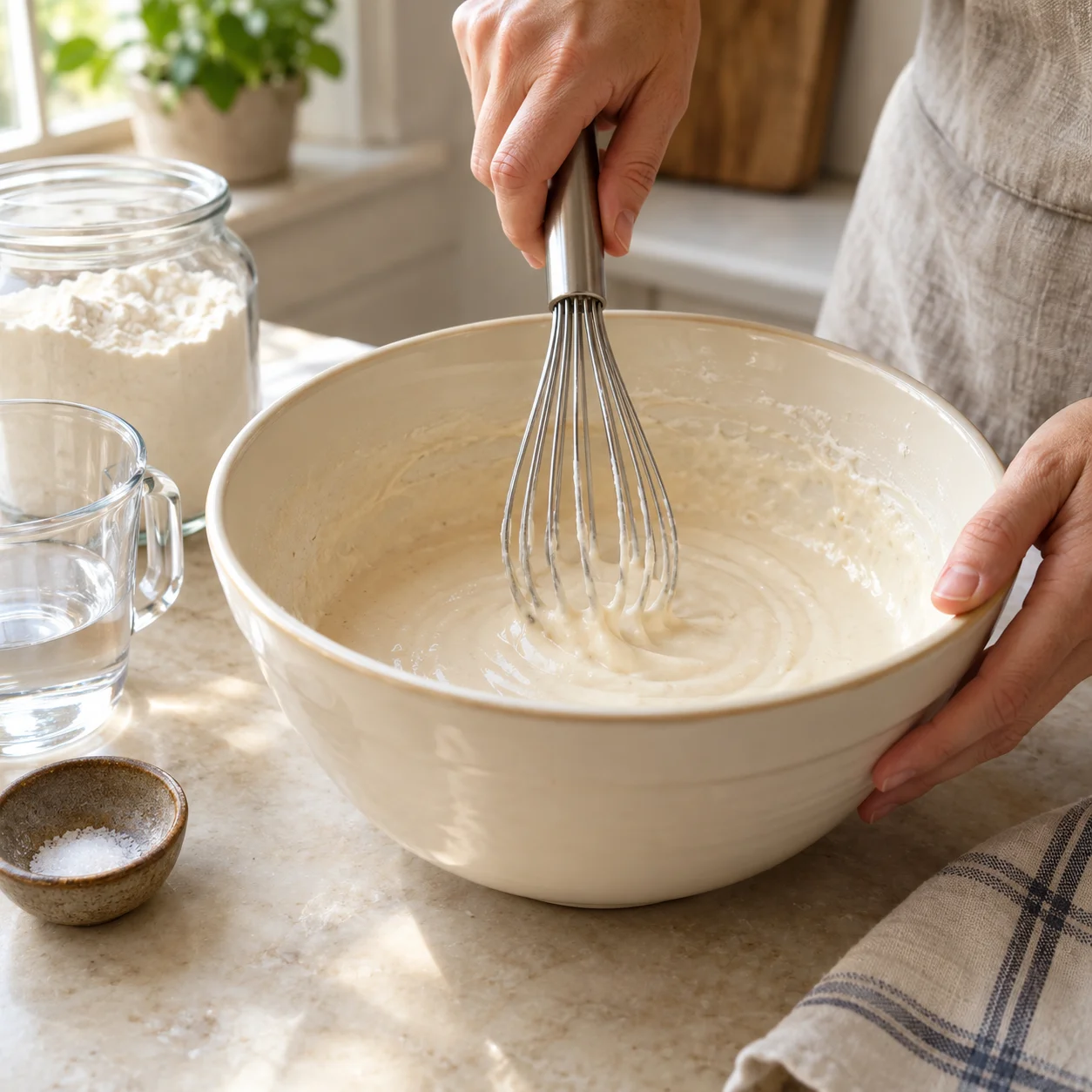 Paso 2: Bate en un cuenco 100 g de harina, 140 ml de agua y 1 g de sal hasta quitar los grumos. La mezcla debe caer lentamente del batidor, no parecer una masa para amasar. No pruebes la harina cruda.