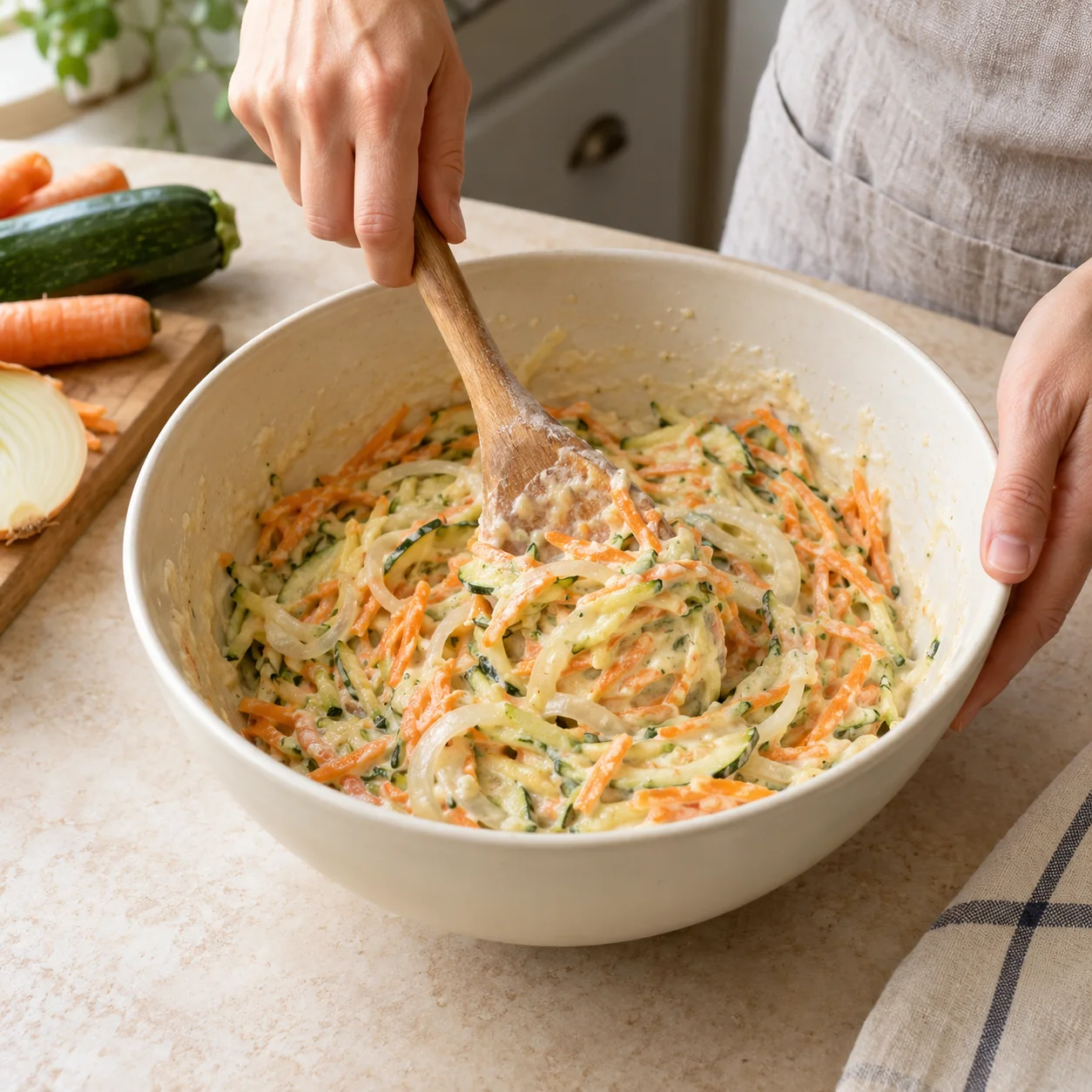 Paso 3: Incorpora todas las verduras hasta que queden ligeramente recubiertas. Calcula ocho porciones. Forma tortitas de unos 7 cm de diámetro y no más de 5 mm de grosor para cocinar bien el centro.