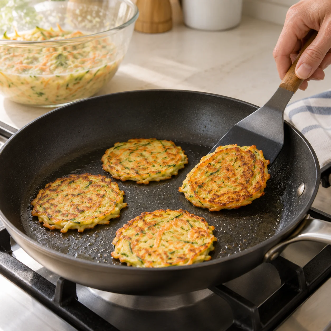 Paso 5: Da la vuelta con una espátula y cocina 2–3 minutos más. Abre una para comprobar que las verduras estén tiernas y no quede pasta de harina húmeda. Si se dora antes de cocinarse el centro, baja el fuego y prolonga un poco la cocción.
