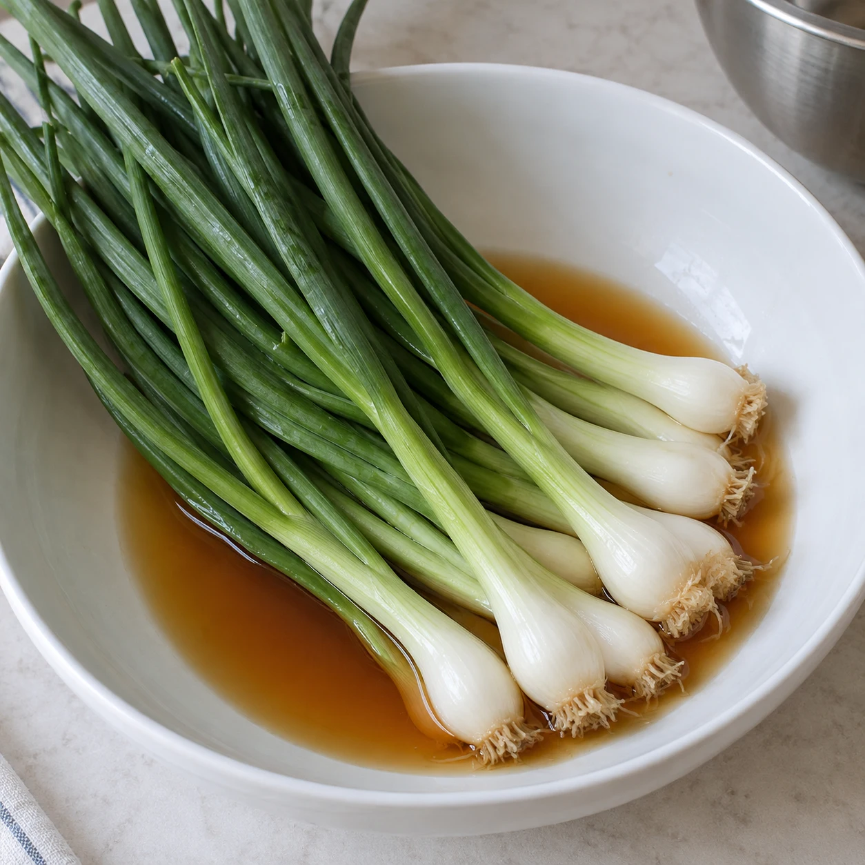 ជំហាន 2: ដាក់ក្នុងចានធំទូលាយស្អាត ដោយគល់សនៅខាងតែមួយ។ ចាក់ទឹកត្រីជាចម្បងលើគល់ស។ ទុក 20 នាទី ដោយត្រឡប់ម្តងនៅពាក់កណ្តាលពេល រួចលាបស្លឹកបៃតងថ្នមៗជាមួយទឹកត្រីដដែល។