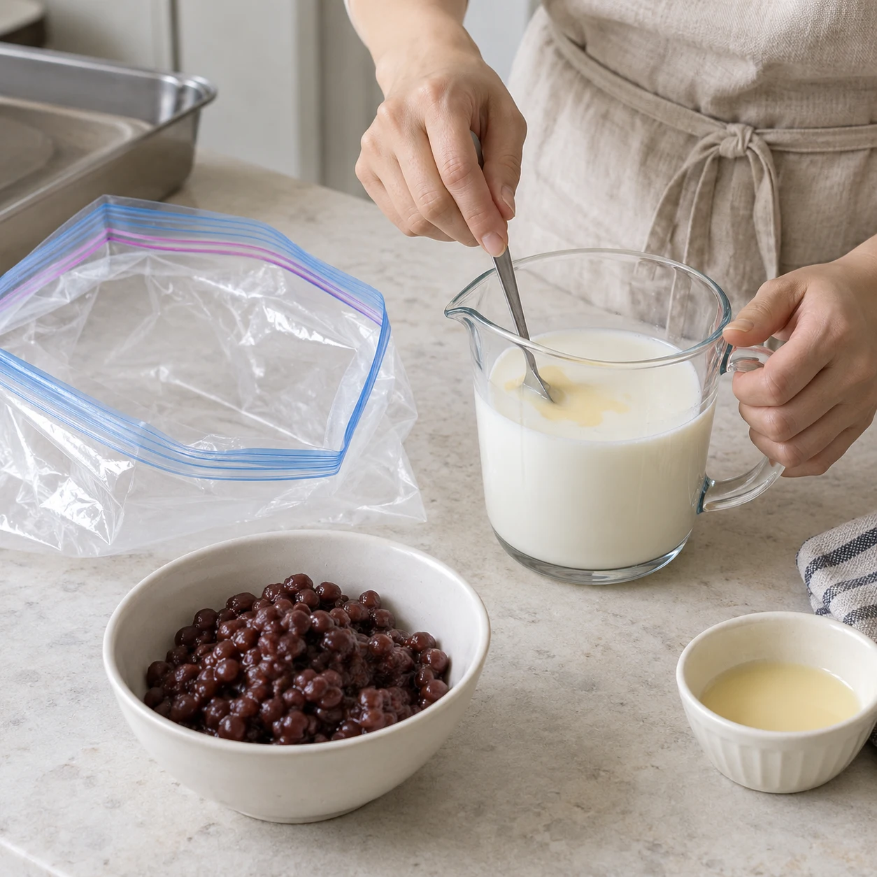 Paso 1: Usa leche pasteurizada y judías rojas dulces cocidas listas para comer. Mezcla 3 vasos de leche fría con 2 cucharadas de leche condensada; omítela para menos dulce. No uses judías secas crudas encima.