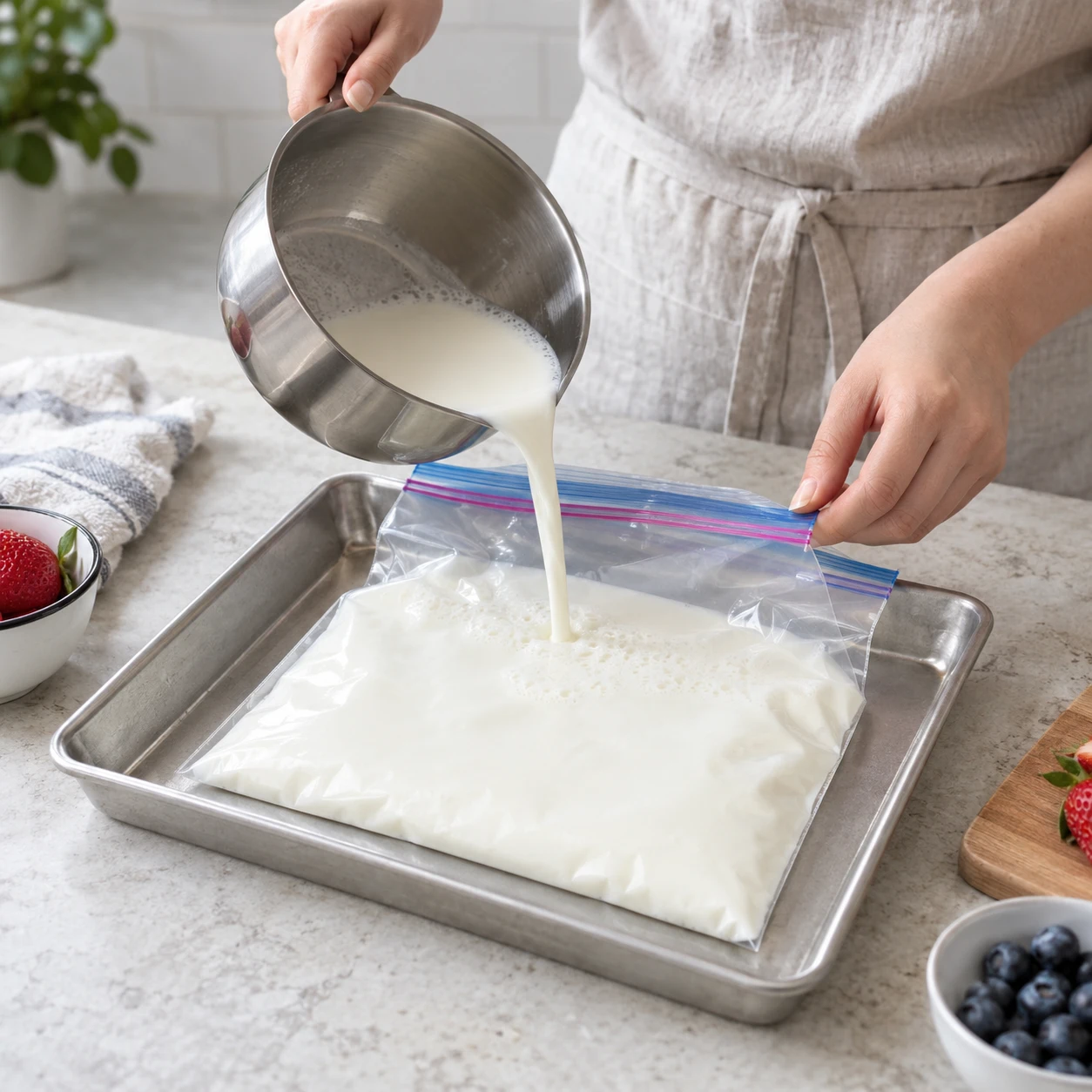 Paso 2: Vierte en una bolsa resistente apta para congelar, sobre bandeja. Saca aire, cierra bien y extiende una capa de menos de 1 cm dejando espacio para expandir. También sirve un recipiente poco profundo.