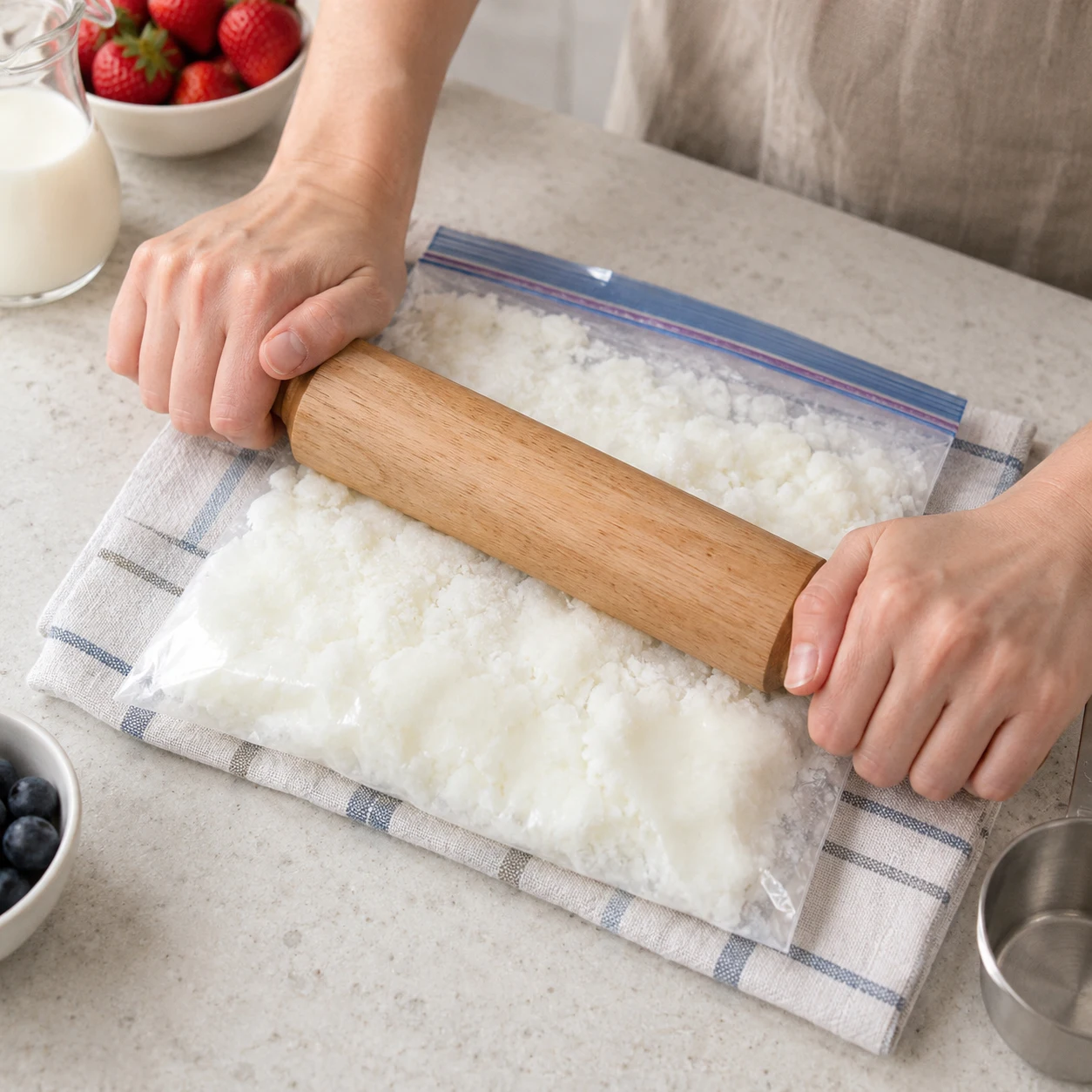 Paso 4: Mantén la bolsa cerrada, envuélvela en un paño y golpea o rueda suavemente con rodillo de madera hasta formar hielo fino. Revisa que no se rompa. En recipiente, ablanda un poco la superficie y raspa con tenedor.