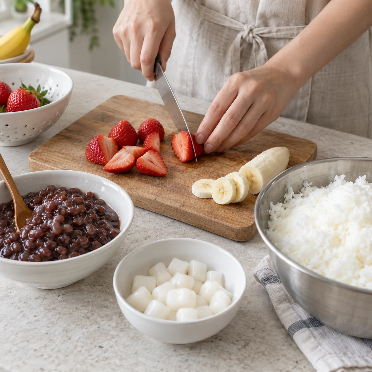 Paso 5: Lava fresas y corta con medio plátano en trozos pequeños. Prepara 6 cucharadas de judías dulces y 2 de pastel de arroz blando si lo usas. Guarda el hielo congelado mientras preparas.