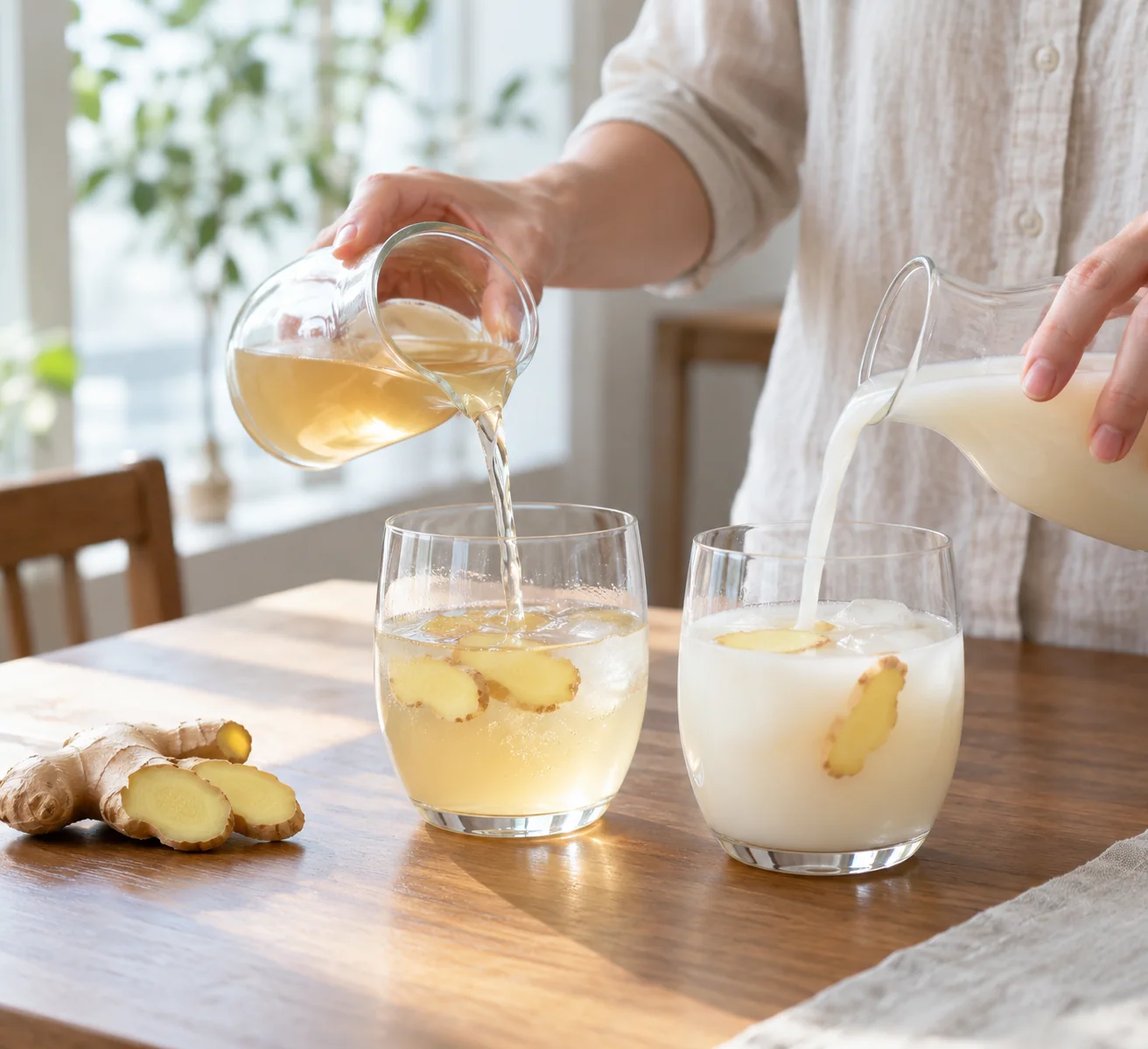 Langkah 2: Tuangkan 1/4 cangkir kertas (45 ml) jus pir tanpa pemanis ke dalam setiap gelas dan aduk untuk menyebarkan jahe. Tambahkan 1/2 cangkir kertas (90 ml) makgeolli dingin ke masing-masingnya; aduk perlahan tanpa membuatnya berbusa.