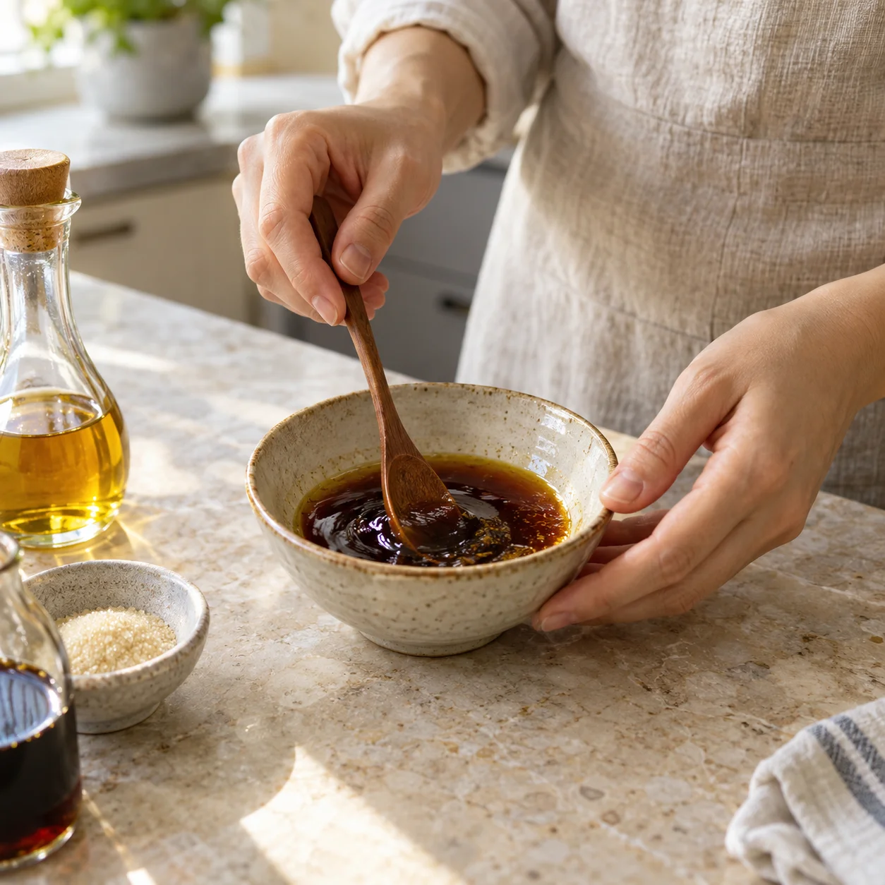Langkah 2: Aduk 25 ml kecap asin dan 5 g gula hingga larut. Campur 30 ml minyak biji perilla sangrai untuk makanan. Simpan saus pada suhu ruang; tidak perlu dimasak.