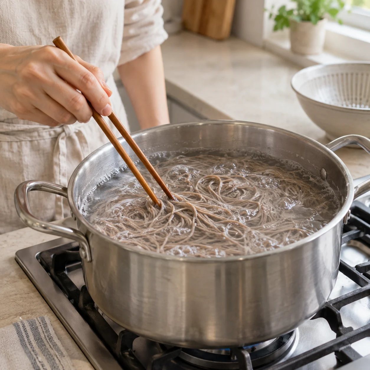 Langkah 3: Didihkan 1500 ml air dalam panci lega. Masukkan 200 g mi soba kering dan pisahkan perlahan. Rebus sesuai kemasan, biasanya 4–5 menit. Kecilkan api bila busa mendekati bibir panci; jangan sampai air habis.