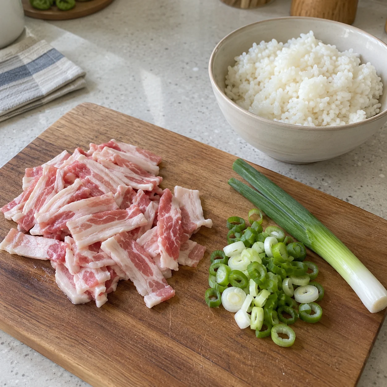 ขั้นตอน 1: คลายถ้วยกระดาษหุงสุก 2 ที่หลวมๆ ประมาณ 300 กรัม ตัดหมูสามชั้นแผ่นบางที่ละลายจนหมดแล้วเป็นเส้นสั้นๆ ขนาดพอดีคำด้วยกรรไกรทำครัวที่สะอาด หั่นต้นหอม โดยแยกส่วนสีขาวและสีเขียวออกจากกัน ใช้อุปกรณ์แยกต่างหากสำหรับหมูดิบ