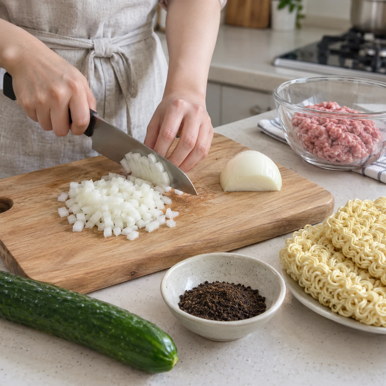 Langkah 1: Potong dadu bawang bombay dan potong mentimun opsional menjadi irisan tipis. Pisahkan daging babi giling mentah dan peralatannya dari mentimun siap saji. Buka dua bungkus mie kacang hitam dan sisihkan kedua bungkus saus; simpan sachet sayuran kering untuk air mendidih.