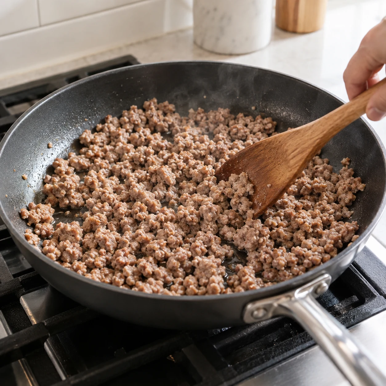Langkah 2: Panaskan wajan antilengket lebar dengan api sedang. Tambahkan opsional 1 sendok teh kecil minyak, lalu daging babi giling. Pecahkan menjadi potongan-potongan kecil dan masak selama 4–5 menit sampai tidak ada warna merah muda yang tersisa. Termometer makanan harus menunjukkan suhu setidaknya 71°C pada daging babi giling. Jika menggunakan tahu yang sudah dihancurkan, kecokelatanlah sampai panas dan berwarna keemasan.