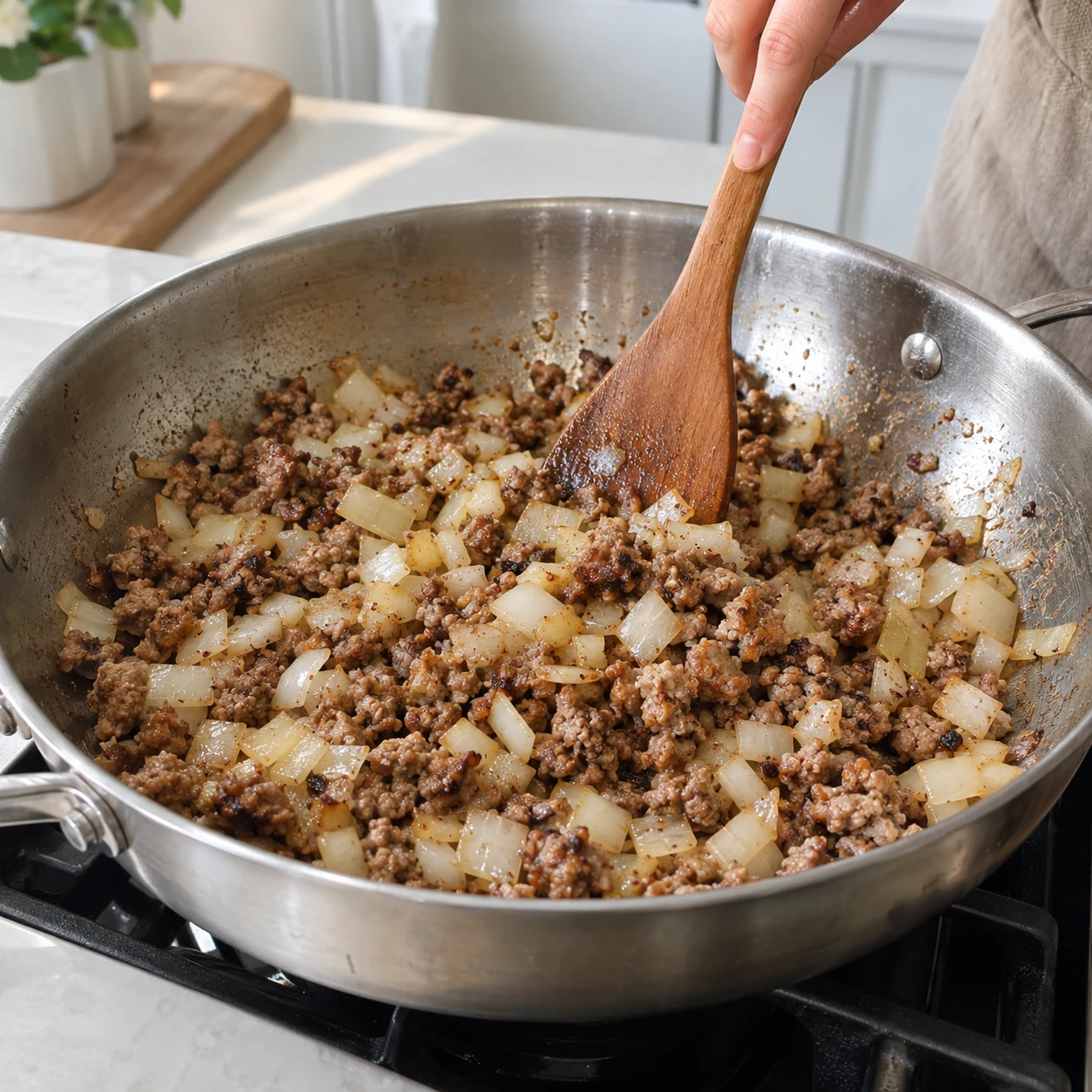 Langkah 3: Tambahkan bawang bombay yang dipotong dadu ke daging babi atau tahu yang sudah dimasak. Aduk selama 3–4 menit hingga lembut dan berwarna keemasan. Kecilkan api jika sudah mengental. Matikan wajan saat merebus mie agar bawang tidak gosong.