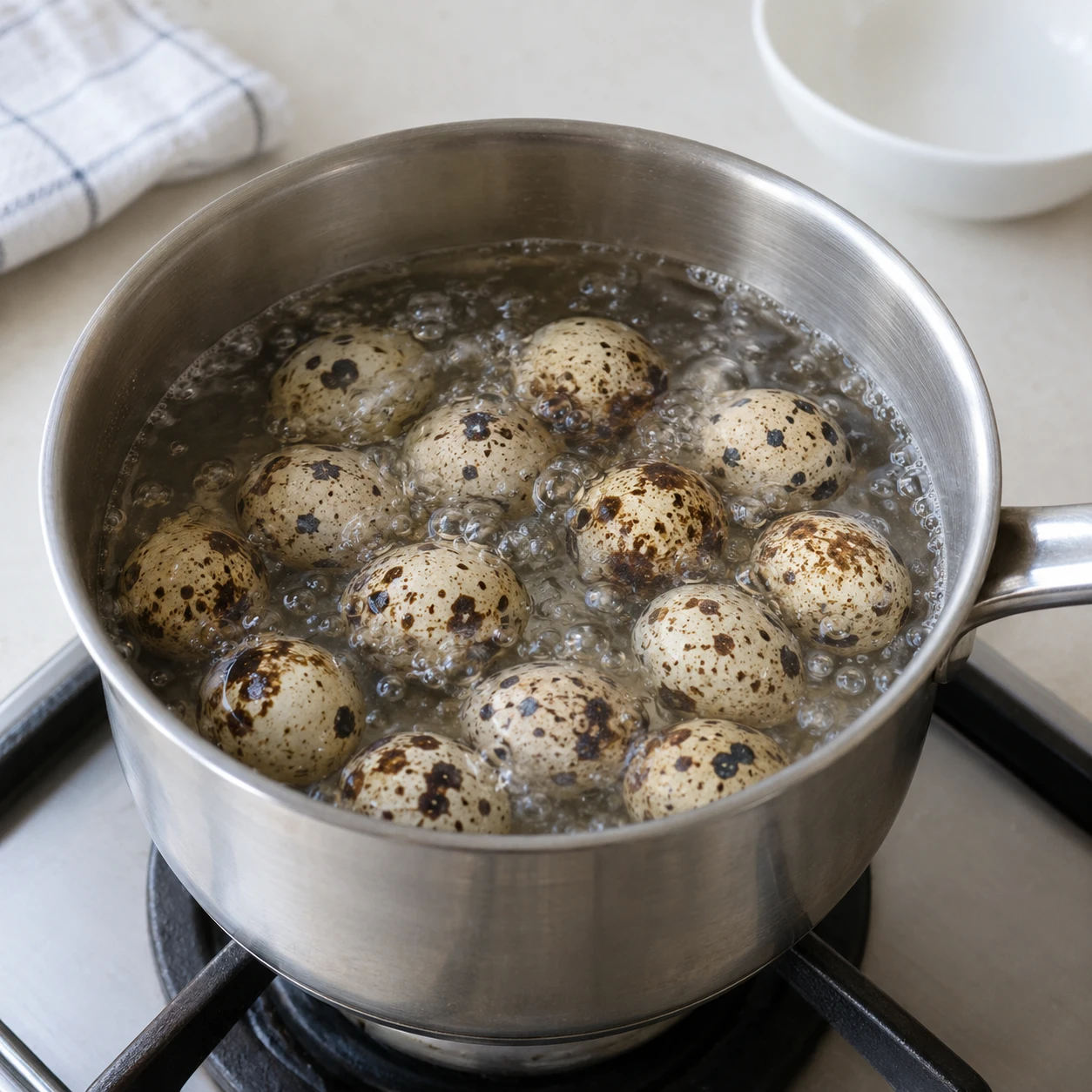 Paso 1: Colocar los huevos de codorniz crudos con cuidado en una cacerola pequeña y cubrir con agua fría. Llevar a ebullición suave y luego cocinar a fuego lento durante 5 minutos. Use suficiente agua para mantener los huevos cubiertos; esta agua hirviendo no es el agua medida para estofar.
