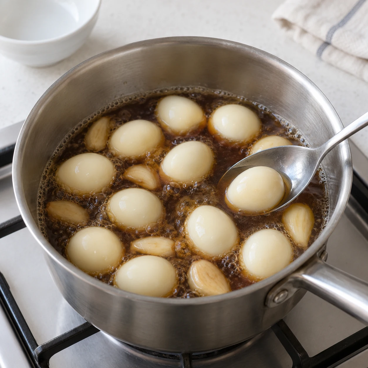 Paso 4: Añadir los huevos de codorniz cocidos y pelados. Baje el fuego y cocine a fuego lento sin tapar durante 8 a 10 minutos, haciendo rodar los huevos suavemente con una cuchara para que adquieran un color uniforme. No cocines el líquido por completo.