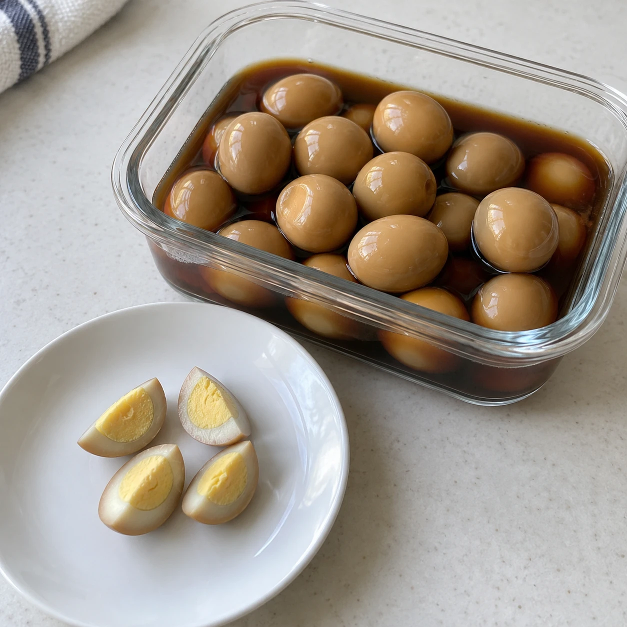 Paso 6: Servir como guarnición unos huevos con un poco de salsa. Para los niños pequeños, corte los huevos a lo largo en cuartos en lugar de servirlos enteros. Enfríe el resto rápidamente en un recipiente poco profundo y refrigérelo con el líquido para estofar.
