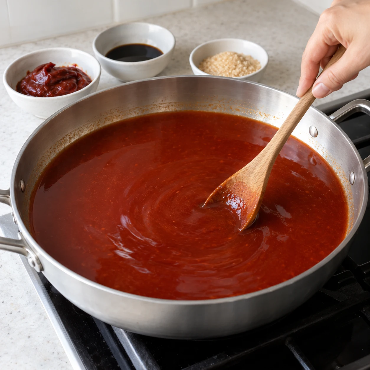 الخطوة 2: ضع 4 كوب ورقي من الماء، gochujang، صلصة الصويا، السكر الاختياري ورقائق الفلفل الحار الاختيارية في مقلاة واسعة. قم بالتقليب حتى لا تبقى أي كتل كبيرة من المعجون، ثم اتركه حتى يغلي بلطف. لا تضيف حزمة توابل المعكرونة.