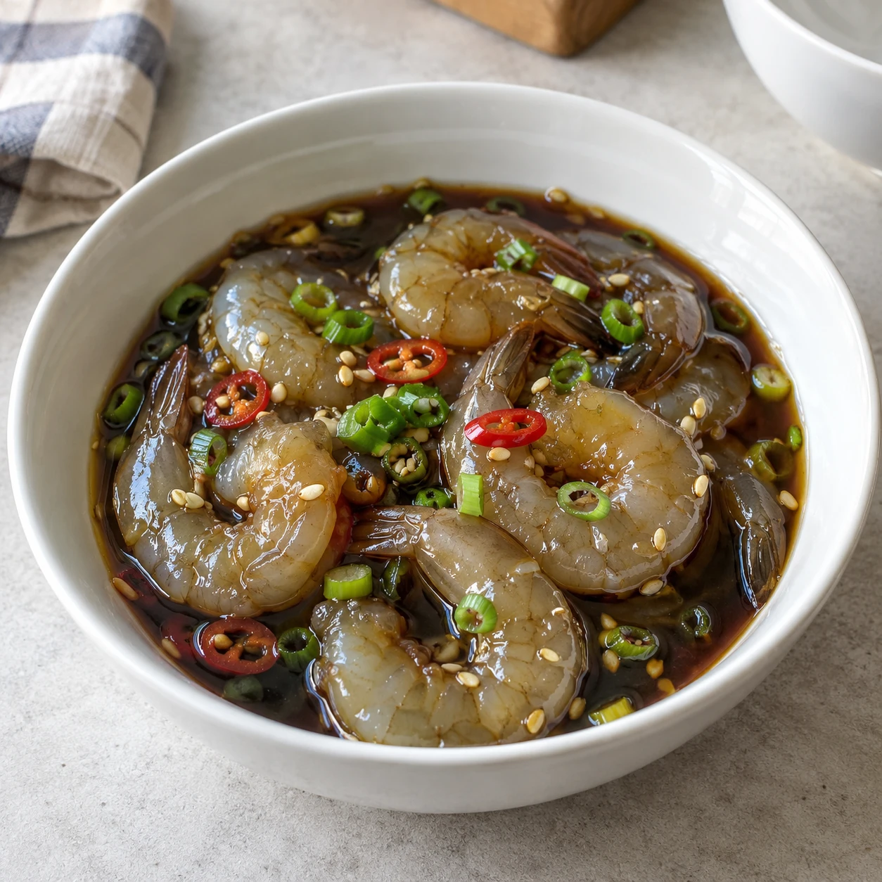 Saeujang — soy-marinated raw shrimp