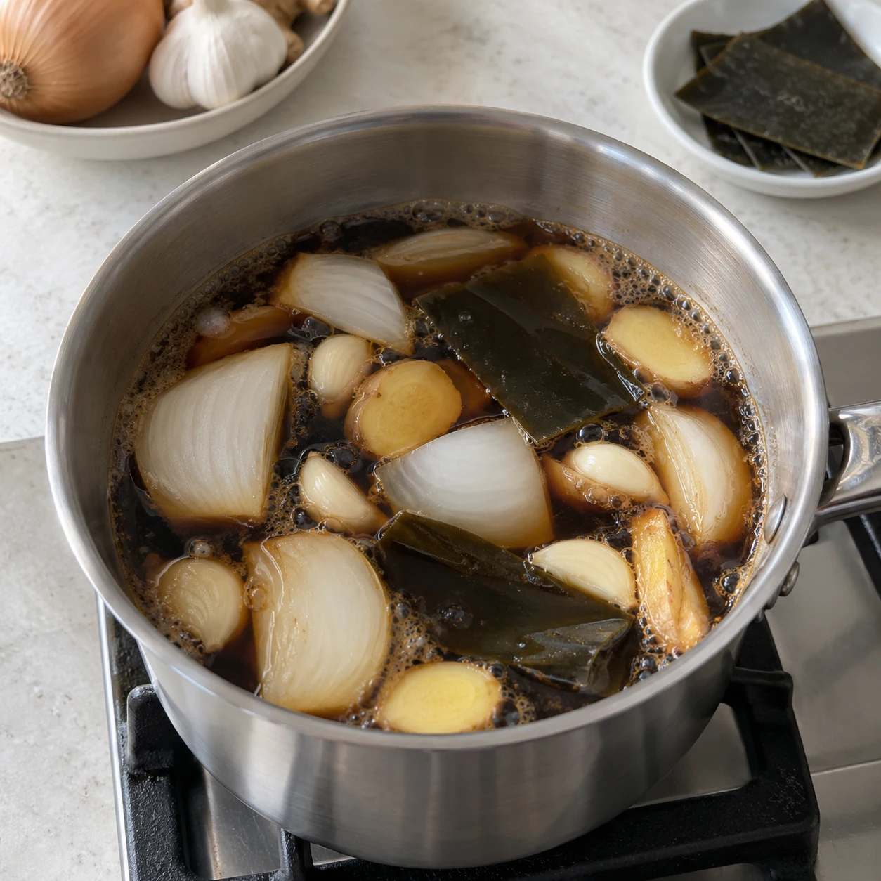 Step 2: Simmer the soy marinade. Put 6 level eating spoons soy sauce, 1½ small paper cups water and 1½ level eating spoons sugar in a saucepan. Add sliced ½ onion, 3 lightly crushed garlic cloves, 2 thin ginger slices and optional kelp. Bring to a boil, remove the kelp after 5 minutes, then simmer gently for 5 more minutes.