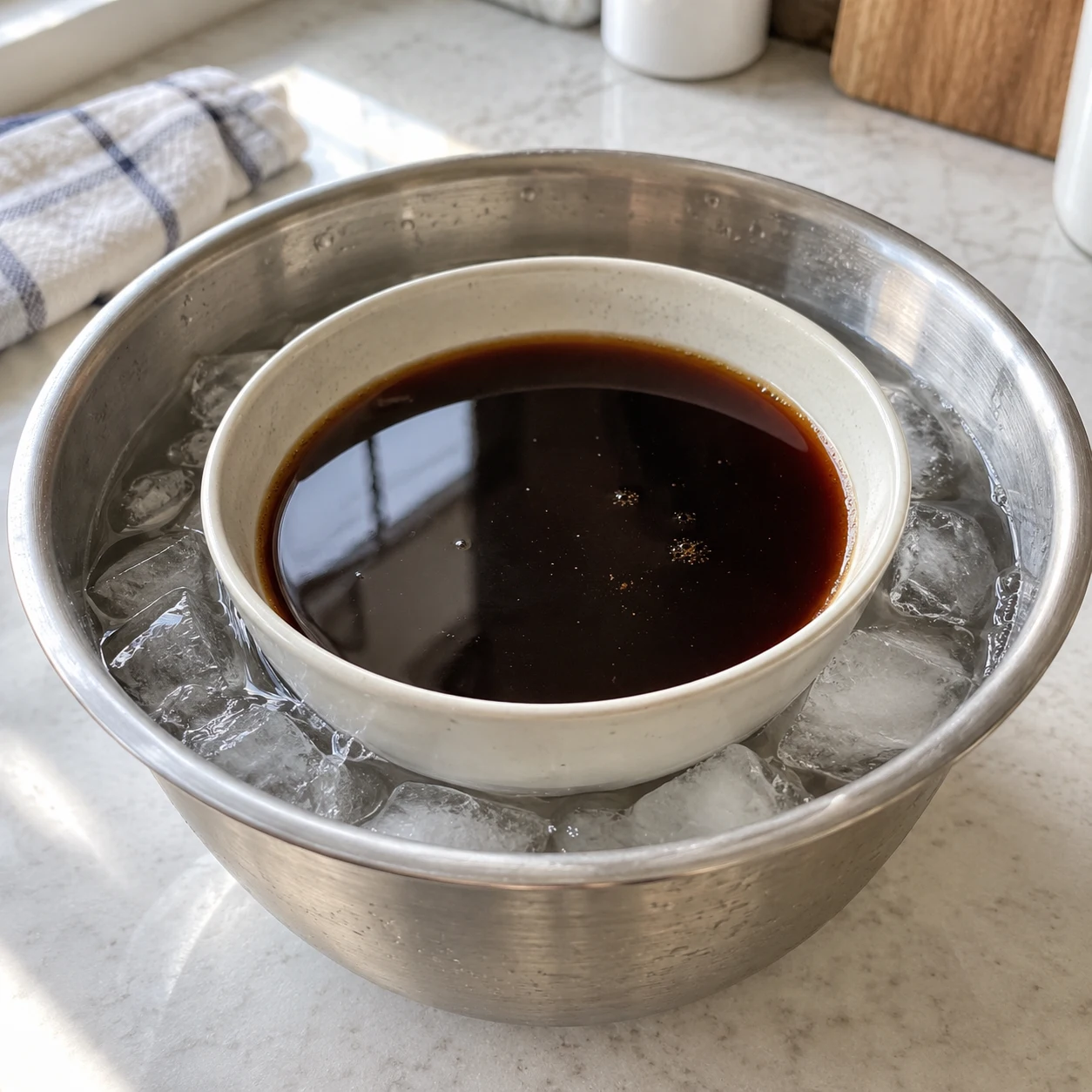 Step 3: Chill the marinade completely. Strain into a clean heat-safe shallow bowl and cool over an ice-water bath, stirring with a clean spoon. Refrigerate until 4°C or colder, allowing about 30 minutes with an ice bath or longer if necessary. Do not use warm marinade on raw shrimp.