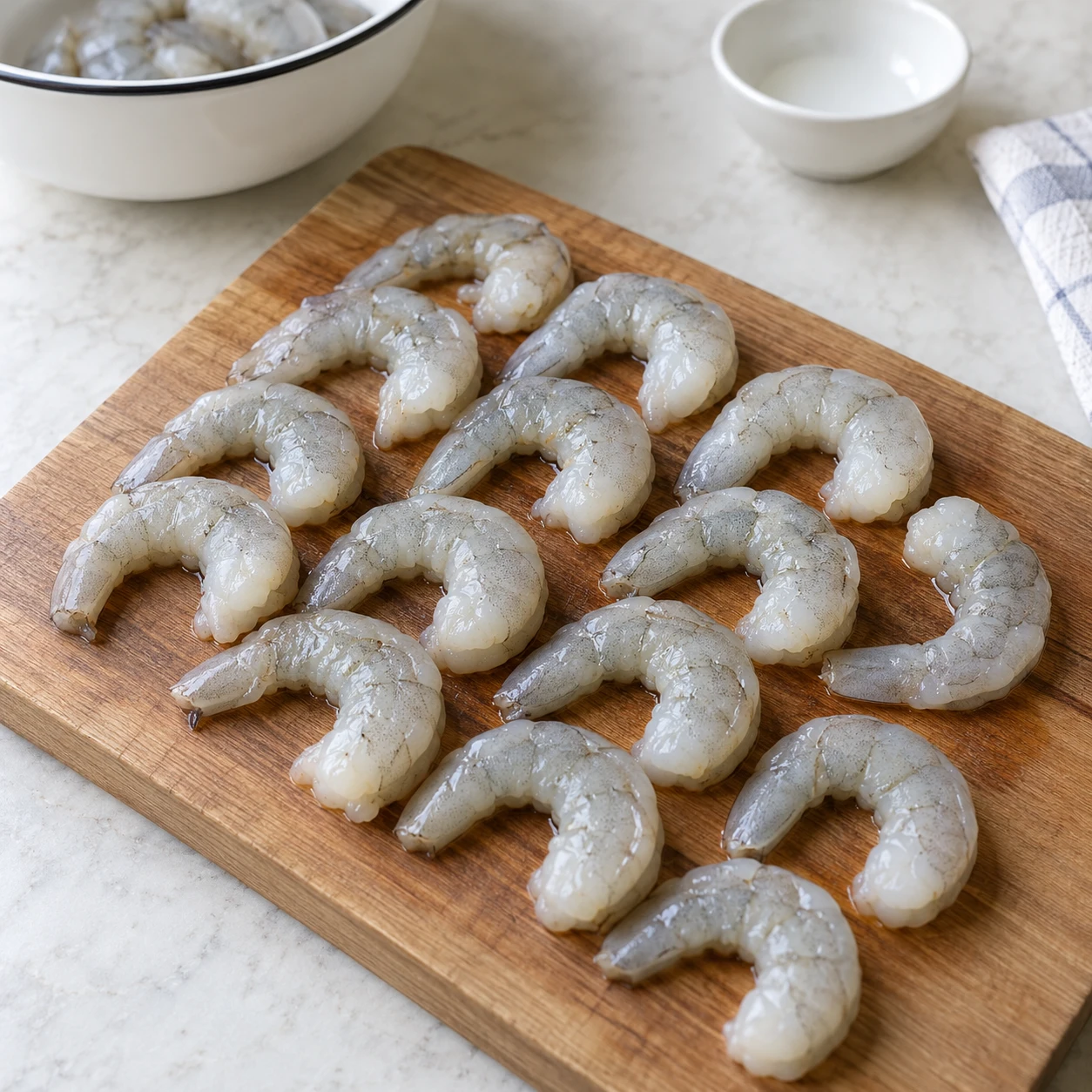 Step 4: Clean the cold shrimp. With dedicated clean tools, remove the heads and shells from 12 medium shrimp; tails may be removed too for easier eating. Make a shallow cut along the back and pull out the dark intestinal vein. Briefly rinse if needed and blot dry. This removes debris, not pathogens. Keep the shrimp cold and wash hands, sink, board and knife afterward.