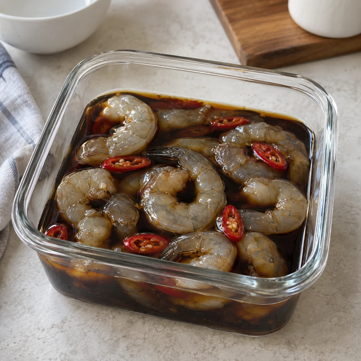 Step 5: Marinate in the refrigerator. Arrange the peeled shrimp in a small clean lidded container and pour over the fully cold marinade. Add optional sliced red chili. Keep the shrimp covered by the marinade, cover the container and refrigerate at 4°C or colder for 12 hours. The flesh remains raw even if its color or firmness changes.