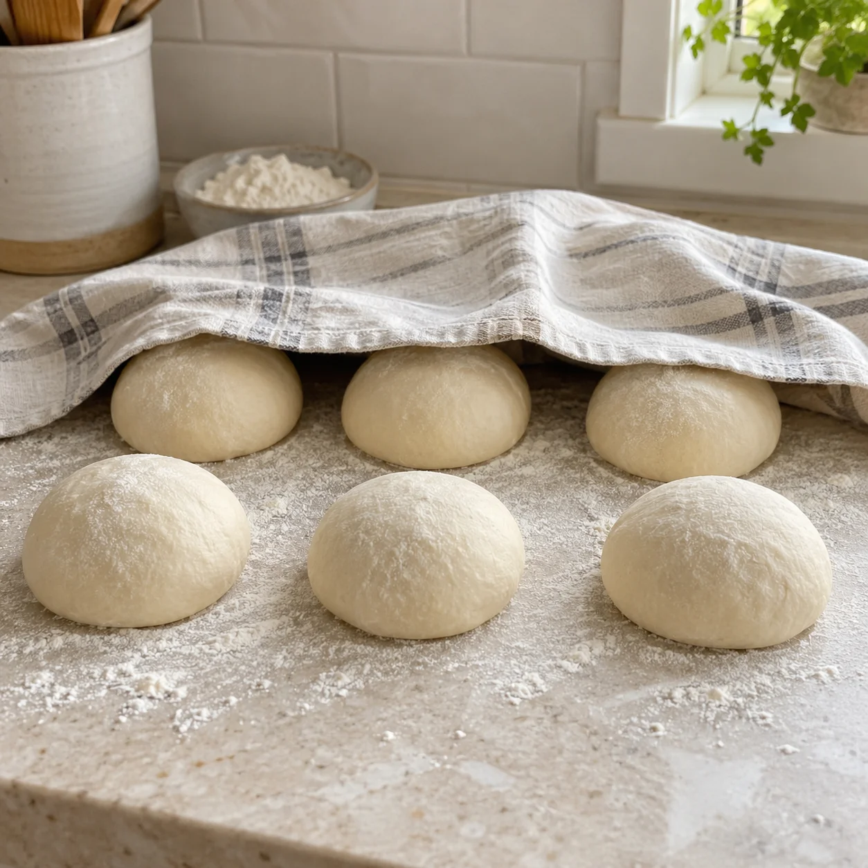 Paso 3: Saca suavemente las burbujas grandes y divide en seis partes de unos 89 g. Forma bolas, tapa y reposa 15 minutos. Corta los aprox. 4 ¼ cucharadas rasas de mesa (60 g) de mantequilla restantes en seis bastones de 10 g y mantén fríos hasta formar.