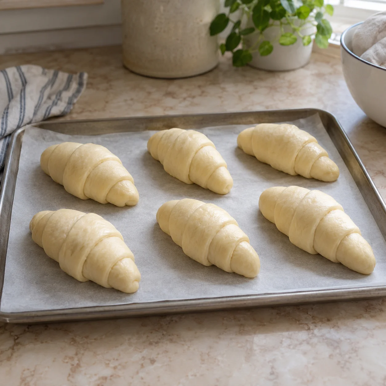 Paso 5: Coloca los seis separados al menos 5 cm en una bandeja metálica con borde y papel de horno. Tapa ligeramente y deja crecer a unos 22–24°C durante 45–75 minutos hasta hincharse. Aleja de hornos calientes para evitar que se derrita la mantequilla. Precalienta 20 minutos a 200°C sin ventilador o 180°C con ventilador.