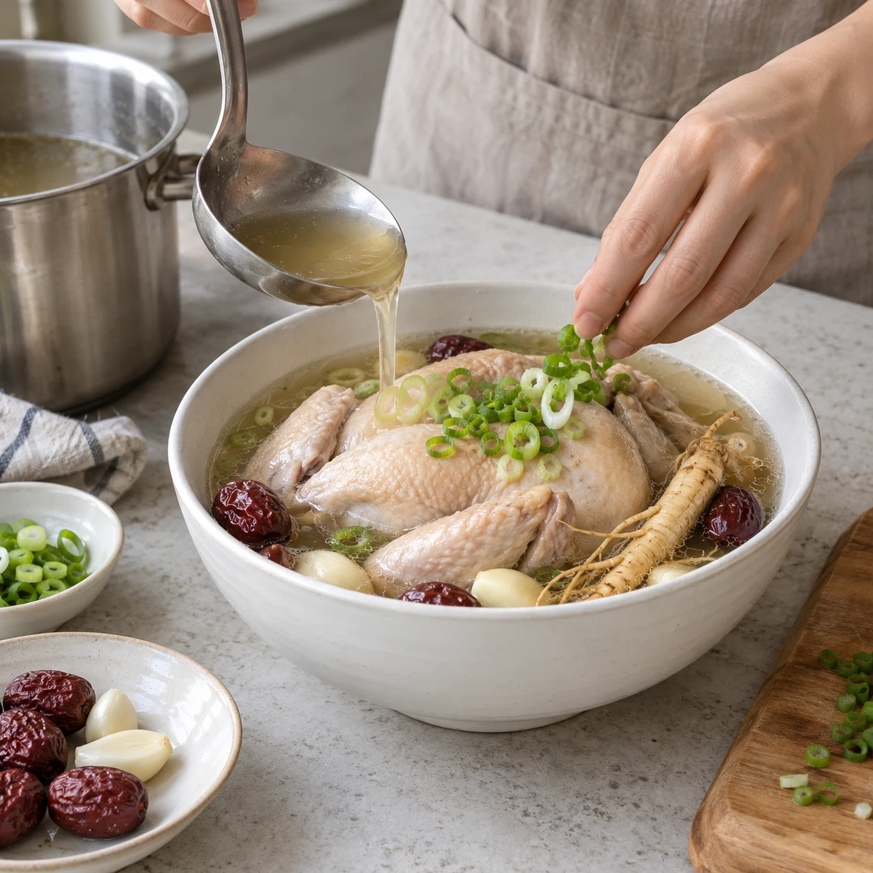 ขั้นตอน 6: เอาไม้จิ้มฟันออก ตักไก่และน้ำซุปใส่ชามลึก โรยต้นหอม แบ่งไก่และข้าวเป็นสองที่ เติมเกลือและพริกไทยทีละน้อยในแต่ละชาม