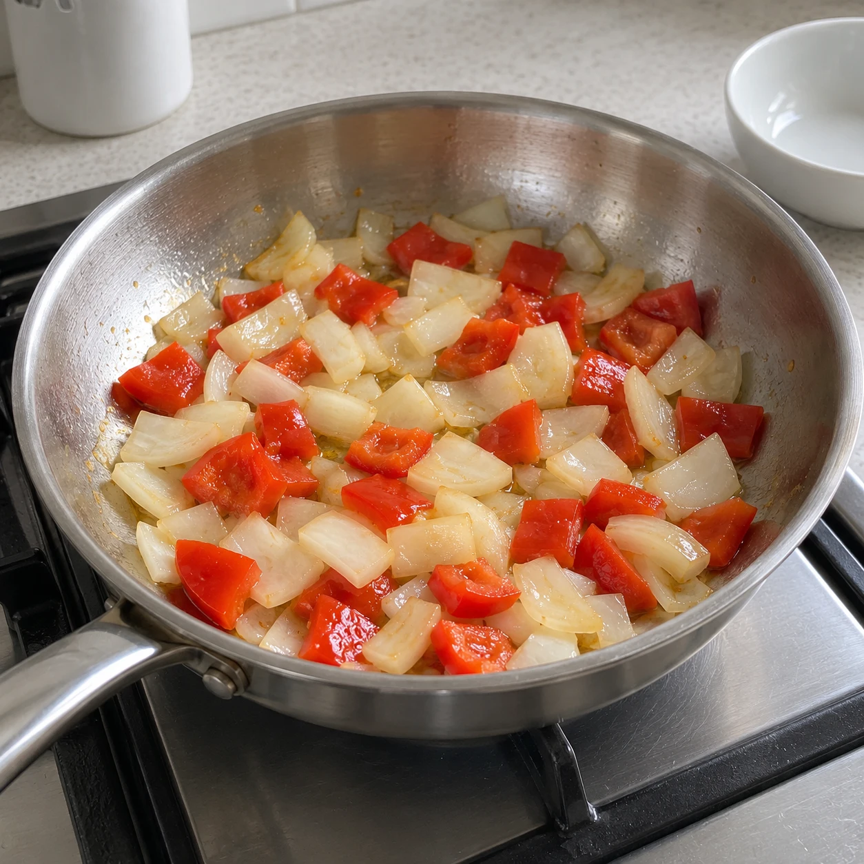 ขั้นตอน 3: อุ่นน้ำมันในกระทะบนไฟร้อนปานกลาง เพิ่มหัวหอมและผัดเป็นเวลา 2 นาที จากนั้นใส่พริกหยวกและปรุงต่ออีก 2 นาที หากใช้แครอทแทน ให้ปรุงจนสุกก่อนขั้นตอนต่อไป