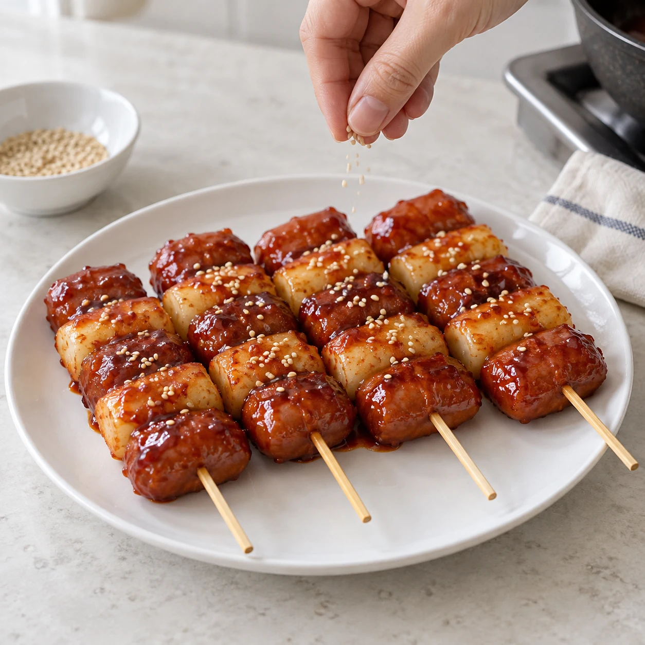 ขั้นตอน 6: เพิ่มเมล็ดงาที่เป็นตัวเลือก และปล่อยให้เสียบไม้เย็นลงครู่หนึ่งก่อนรับประทานอาหาร เอาแท่งออกแล้วหั่นไส้กรอกตามยาวเป็นชิ้นเล็กๆ ที่เหมาะสมก่อนเสิร์ฟให้กับเด็ก ไส้กรอกทั้งชิ้นและต๊อกเคี้ยวหนึบไม่เหมาะสำหรับเด็กทารกหรือเด็กที่ไม่สามารถเคี้ยวได้อย่างปลอดภัย