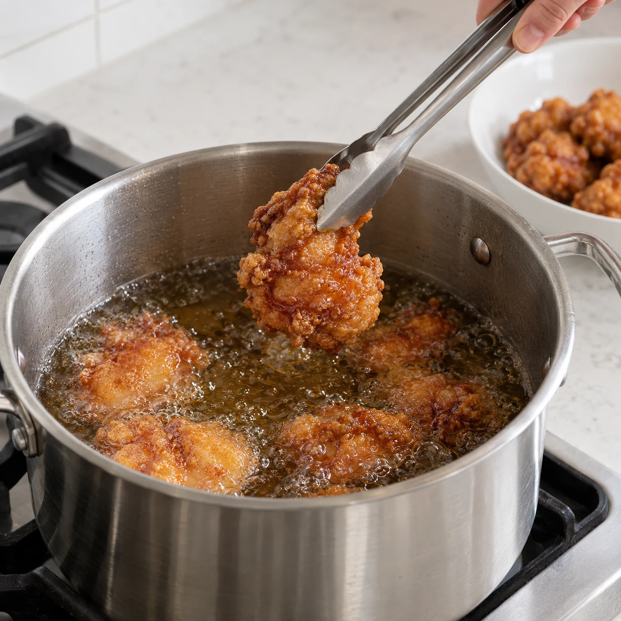ขั้นตอน 4: ตั้งน้ำมันไว้ที่ 180°C ทอดไก่อีกครั้งเป็นชิ้นเล็กๆ ประมาณ 1-2 นาทีจนกรอบ ตรวจสอบว่าชิ้นที่หนาที่สุดมีอุณหภูมิด้านในถึง 74°C และปรุงนานขึ้นหากจำเป็น ระบายบนชั้นวางสักครู่