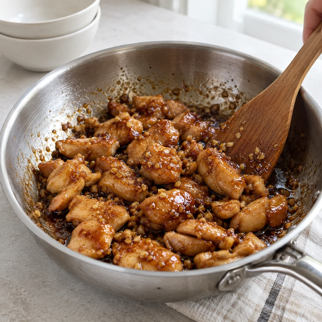 ขั้นตอน 5: อุ่นเคลือบด้วยไฟอ่อน ใส่ไก่ที่ปรุงสุกเต็มที่แล้วคลุกเคล้าประมาณ 20–30 วินาทีจนเคลือบเล็กน้อย ปิดไฟอย่างรวดเร็วเพื่อไม่ให้กระเทียมไหม้และเปลือกยังคงกรอบ