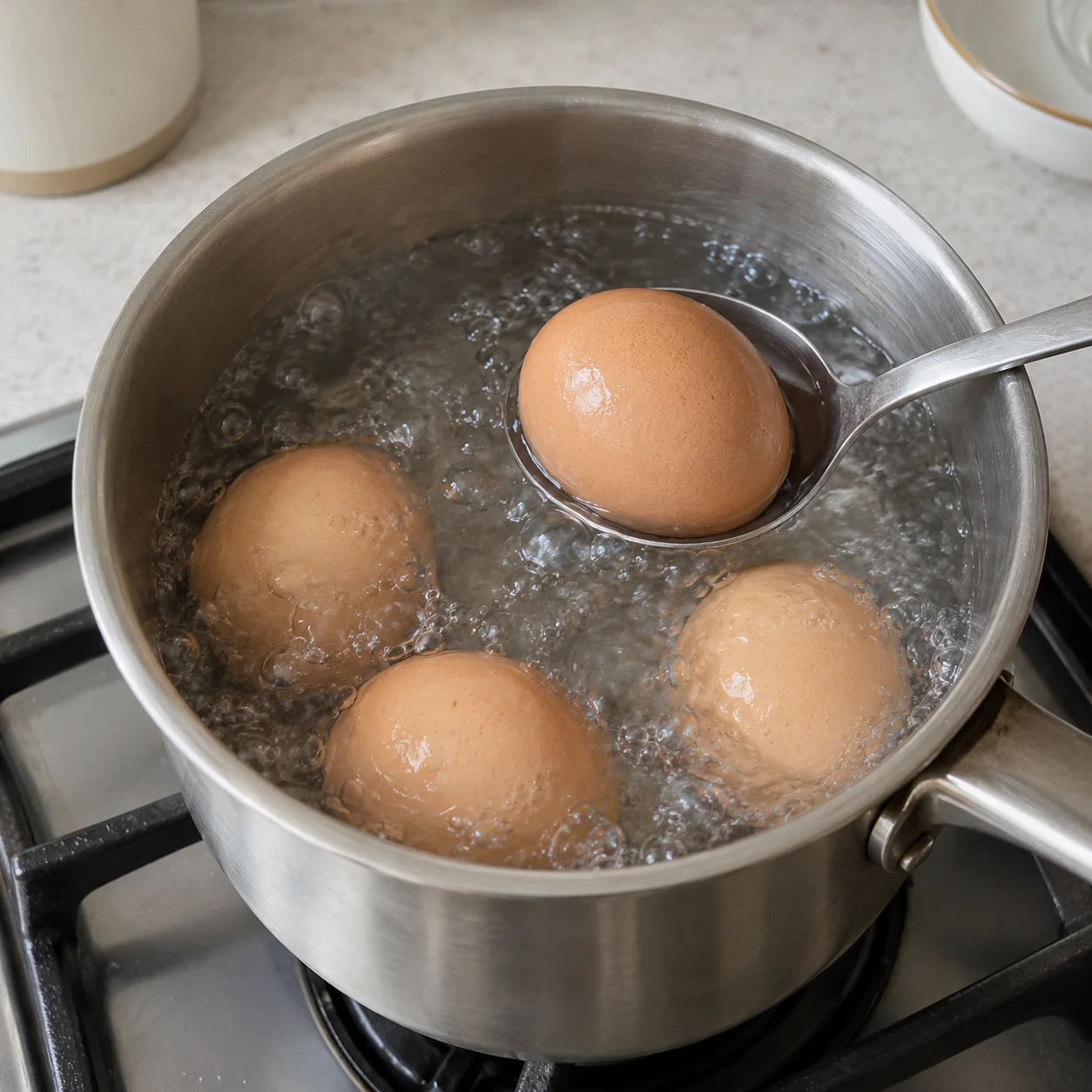 Step 1: Bring a small saucepan of enough water to cover the eggs to a boil. Lower in 4 large eggs with a spoon, reduce to a gentle boil and cook for 9–10 minutes until whites and yolks are firm. Water-boiling time is extra if the stove is slow; do not shorten cooking just to meet 15 minutes.