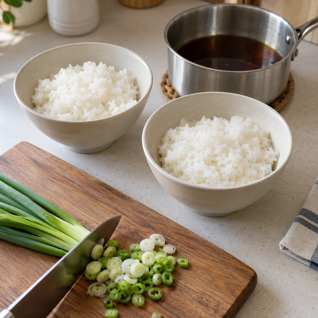Step 2: While the eggs cook, reheat 2 loosely filled paper cups of cooked rice, about 300 g, until piping hot and divide between two bowls. Slice the spring onion. Mix 1 level tablespoon soy sauce, 4 level tablespoons water and 1 level teaspoon sugar in a small pan.
