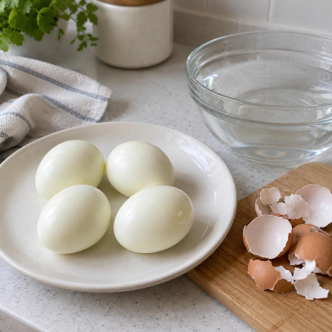 Step 3: Lift the cooked eggs into cold water for about 1 minute so they can be handled. Crack and peel carefully, then return only the peeled eggs to a clean plate. Do not put eggshells in the soy sauce.