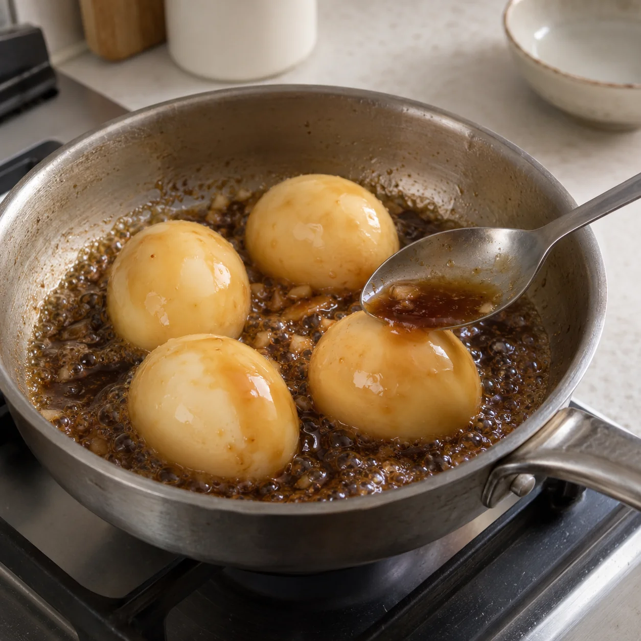 Step 4: Bring the soy mixture to a gentle simmer. Add the peeled whole eggs and roll them in the sauce for 1–2 minutes over low heat. Spoon the glaze over them; they will be lightly tinted, not deeply marinated.