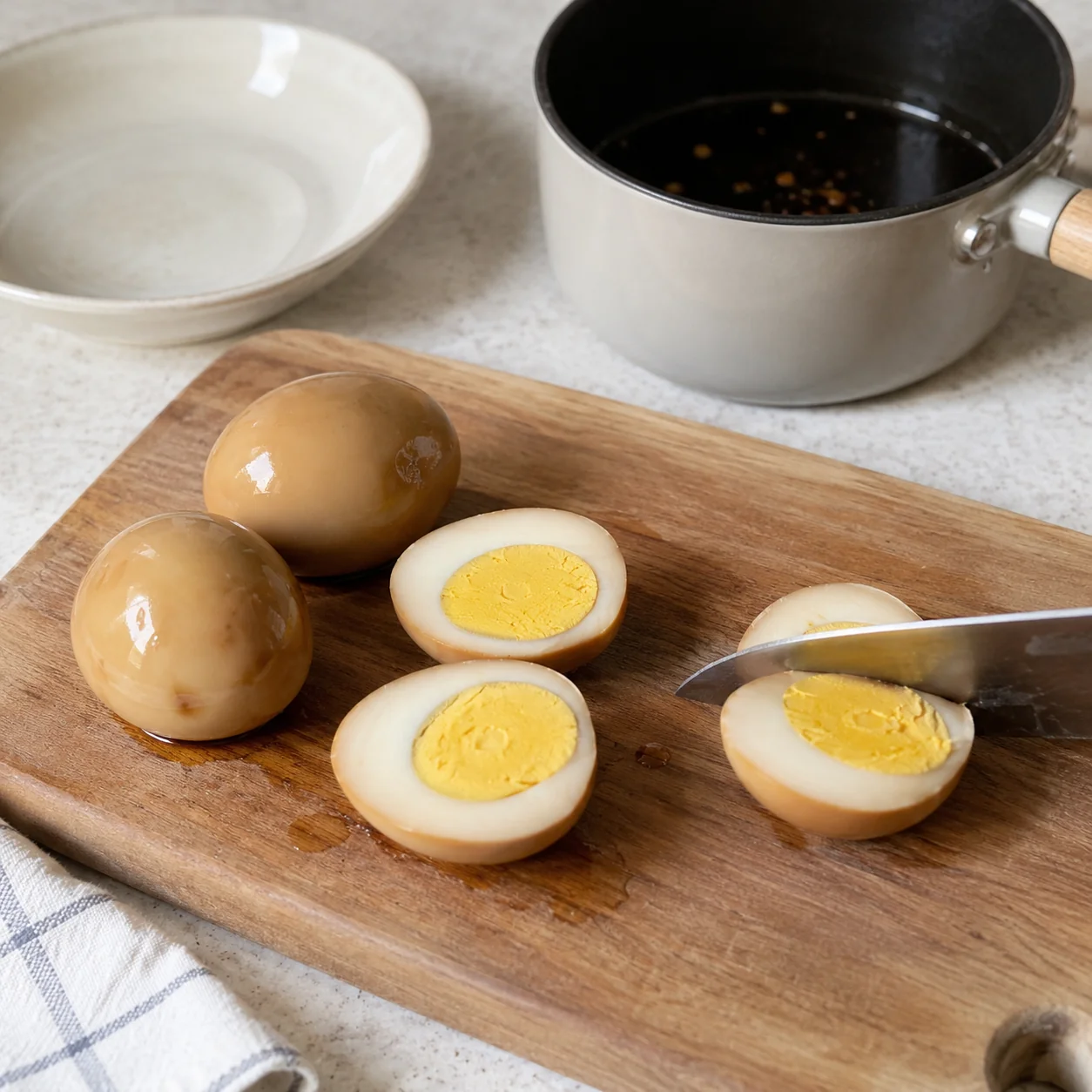 Step 5: Turn off the heat and stir up to 1 level teaspoon toasted sesame oil into the sauce, if using. Transfer the eggs to a clean board and halve them. Check that the centres are firm; if not, return the halves to the simmering sauce until fully set.